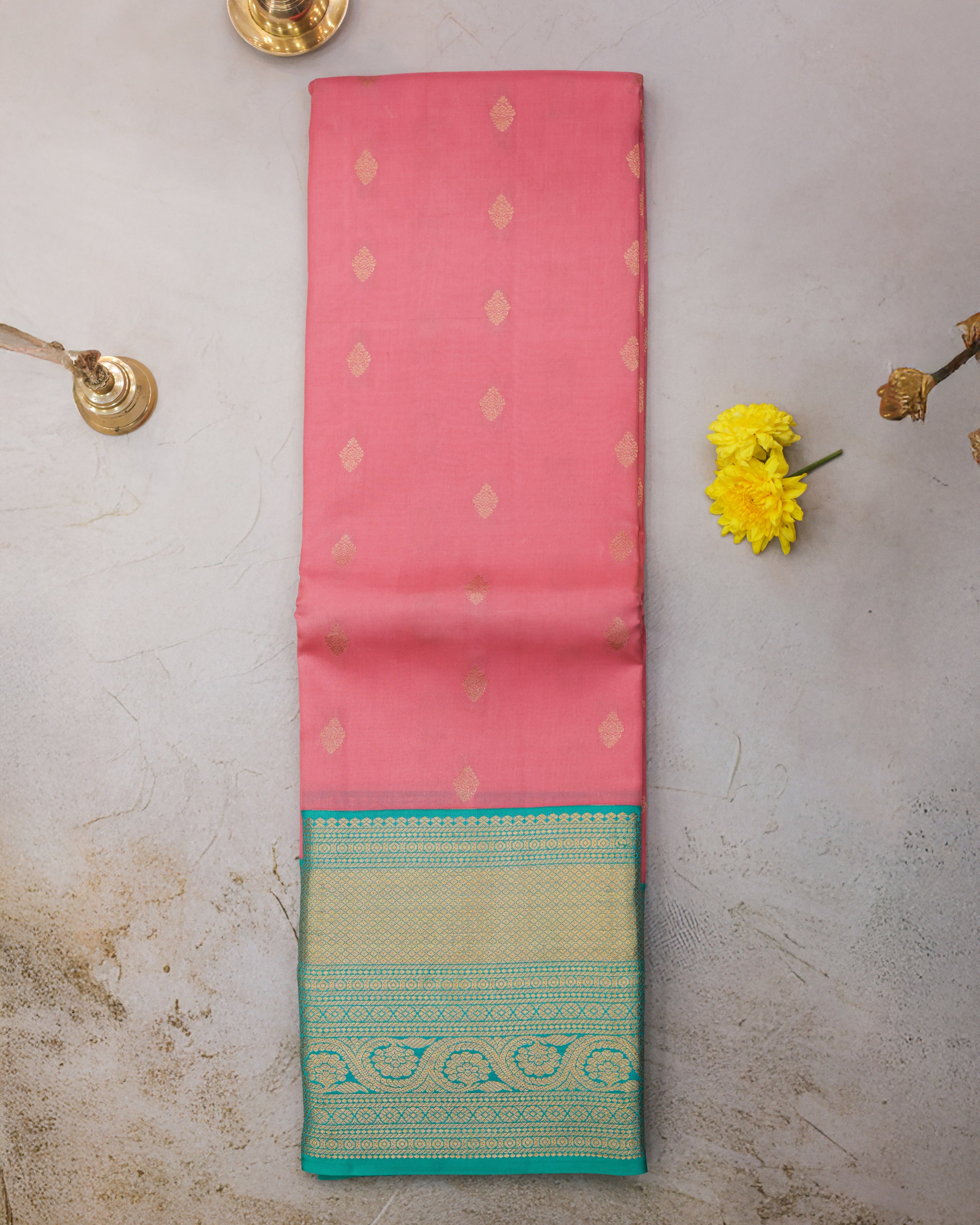 Kanchipuram Pink & Teal Half-Mix Silk Saree with Golden Zari