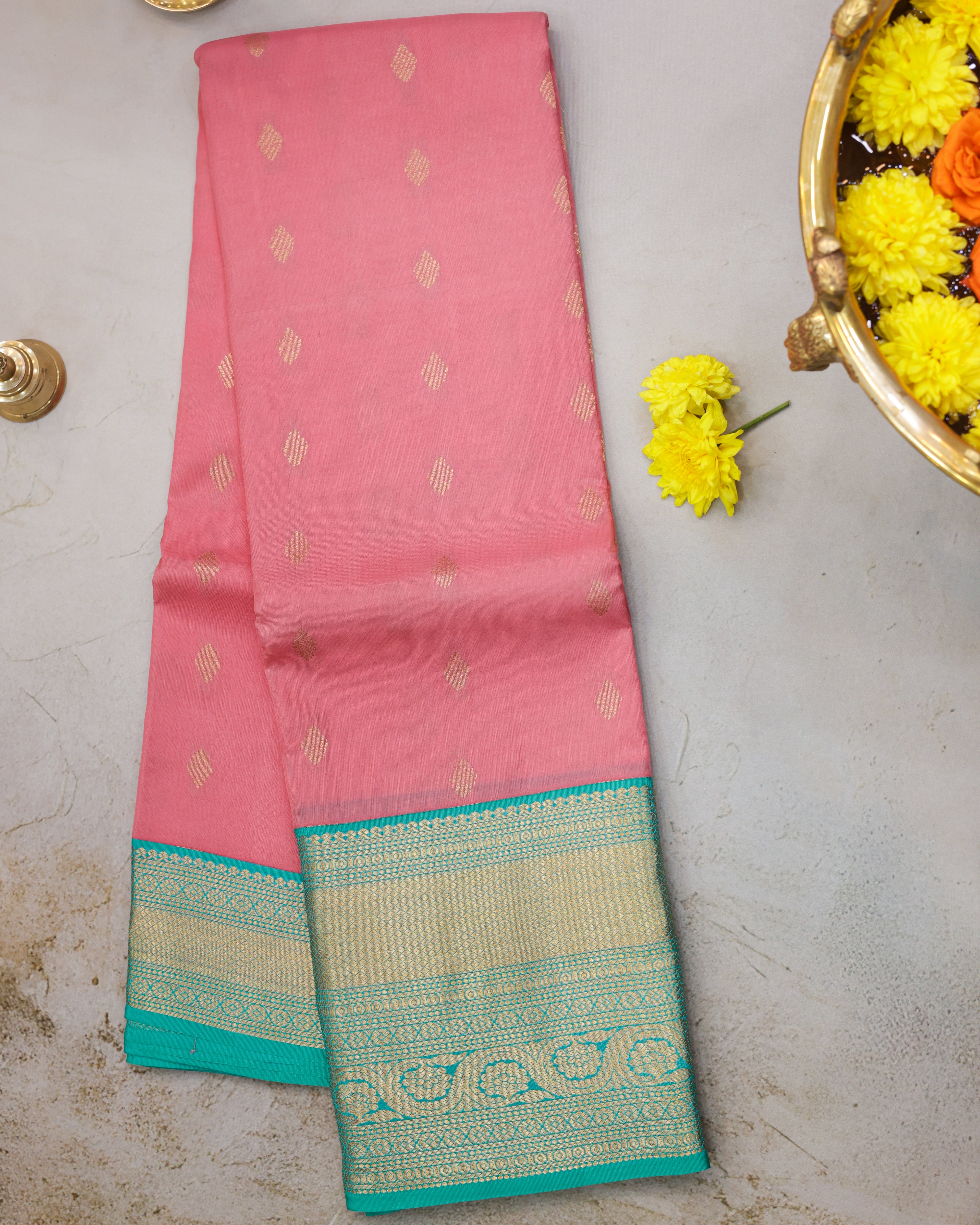 Kanchipuram Pink & Teal Half-Mix Silk Saree with Golden Zari