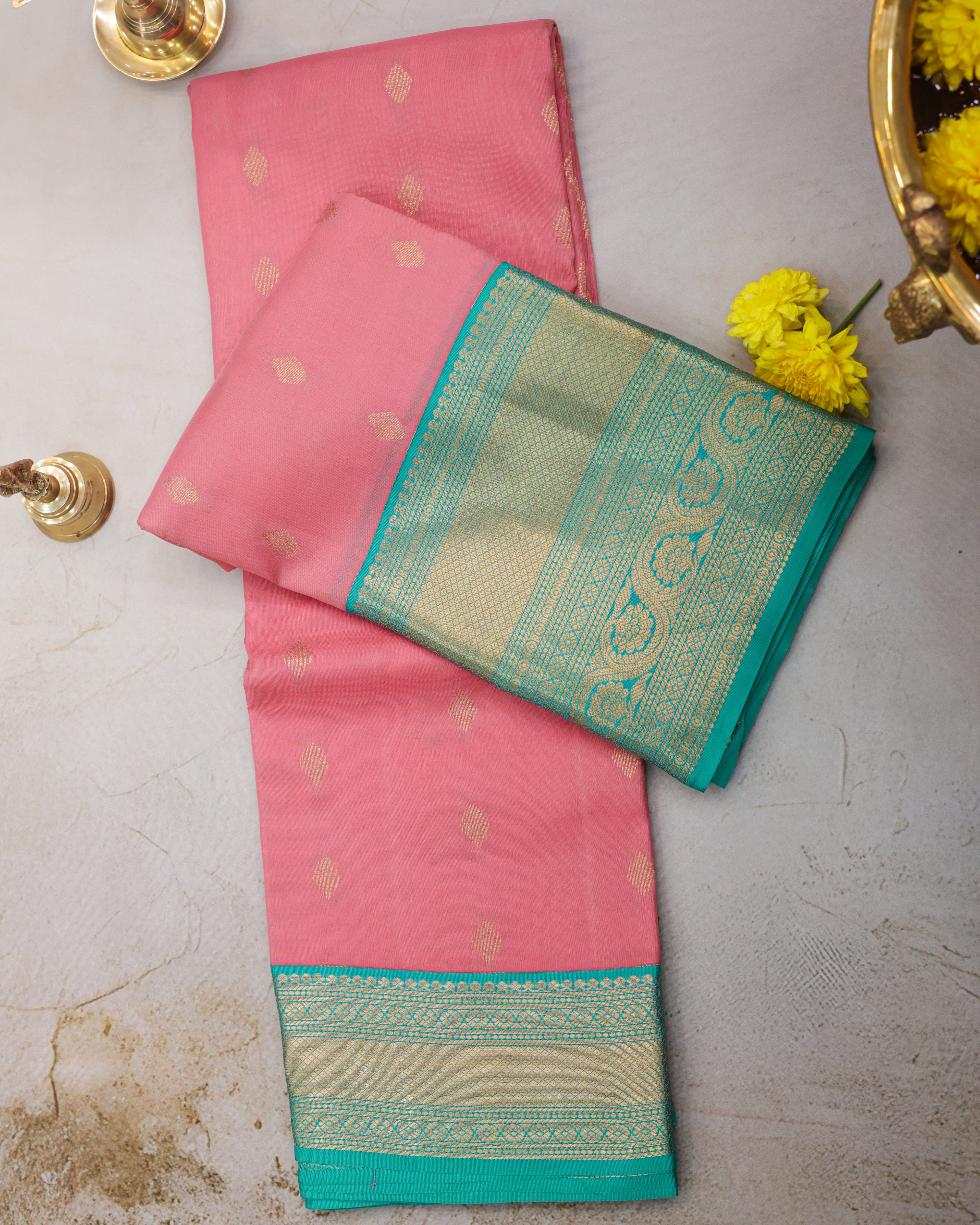 Kanchipuram Pink & Teal Half-Mix Silk Saree with Golden Zari