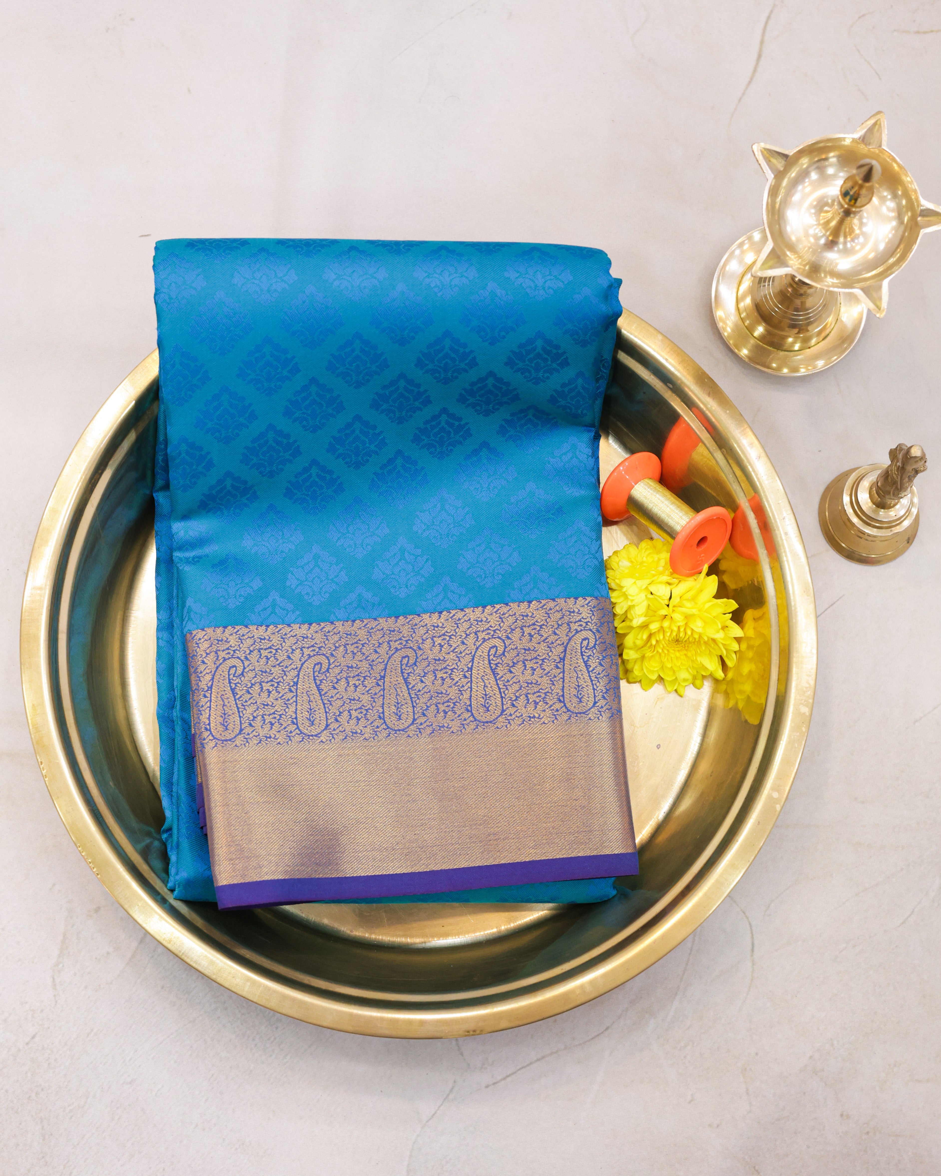 Kanchipuram Embossed Soft Silk Saree in Rama Blue & Dark Purple
