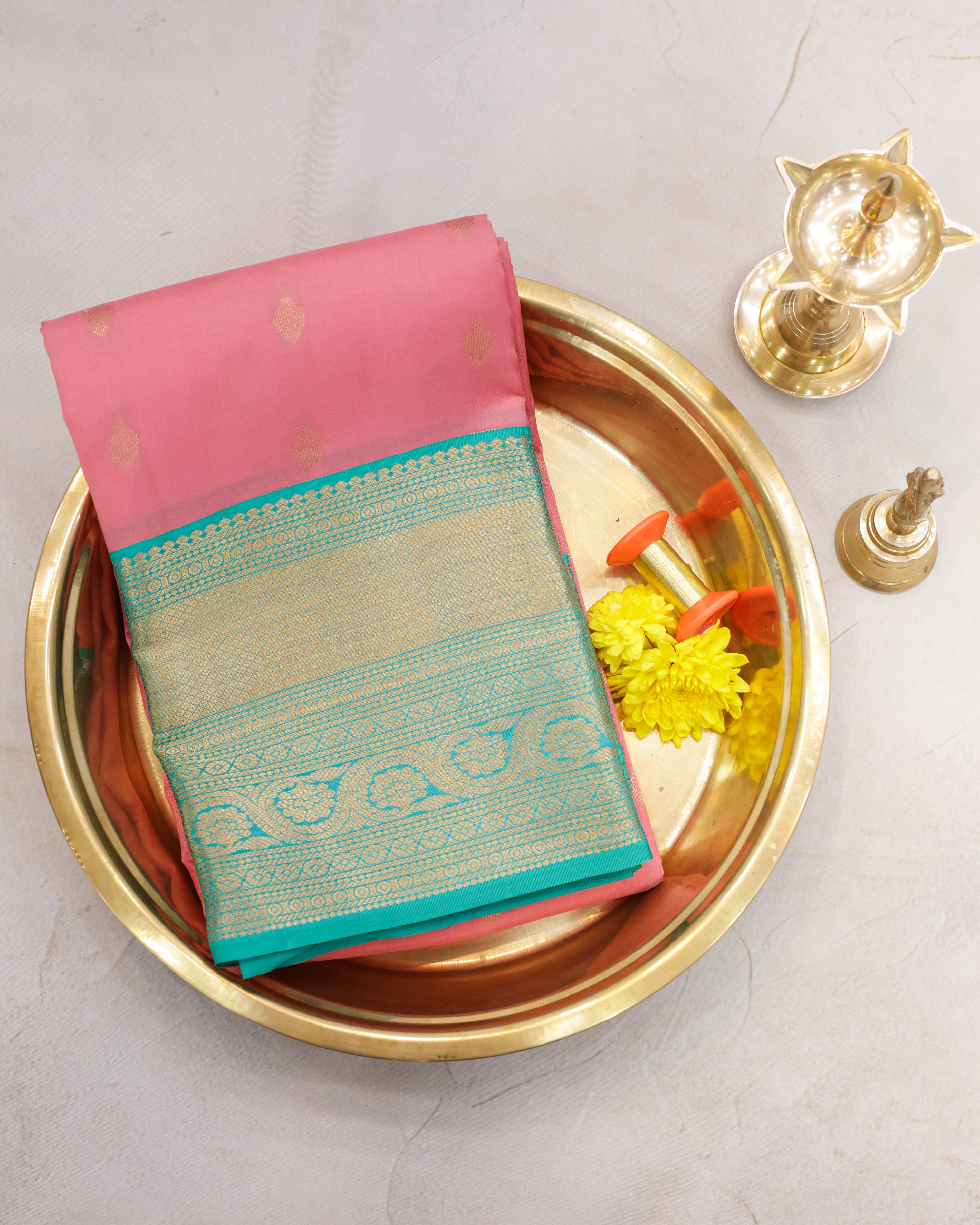 Kanchipuram Pink & Teal Half-Mix Silk Saree with Golden Zari