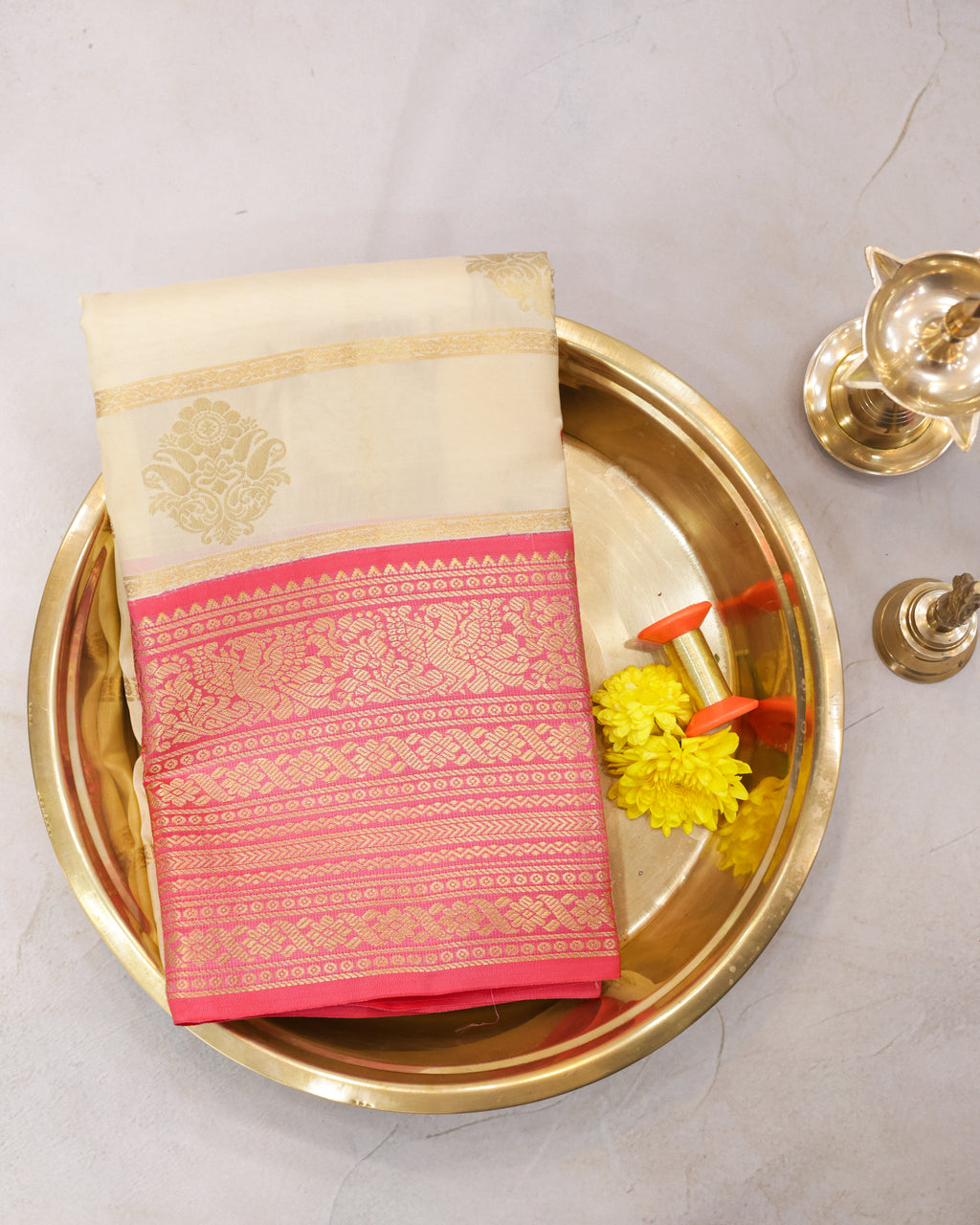 Cream Kanchipuram Silk Saree with Golden Zari Butta
