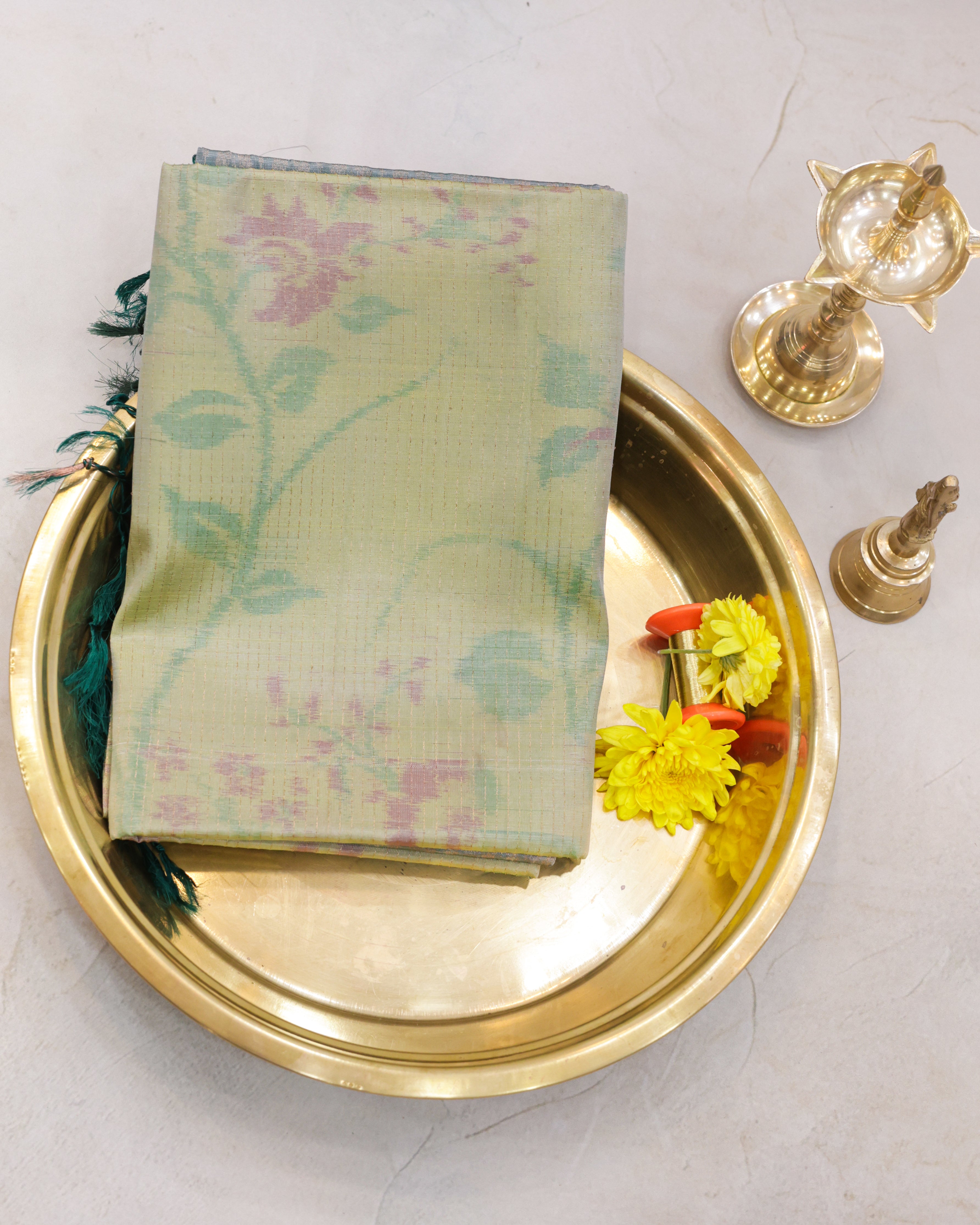 Pastel Pista Green Pochampalli Soft Silk Saree with Zari Accents