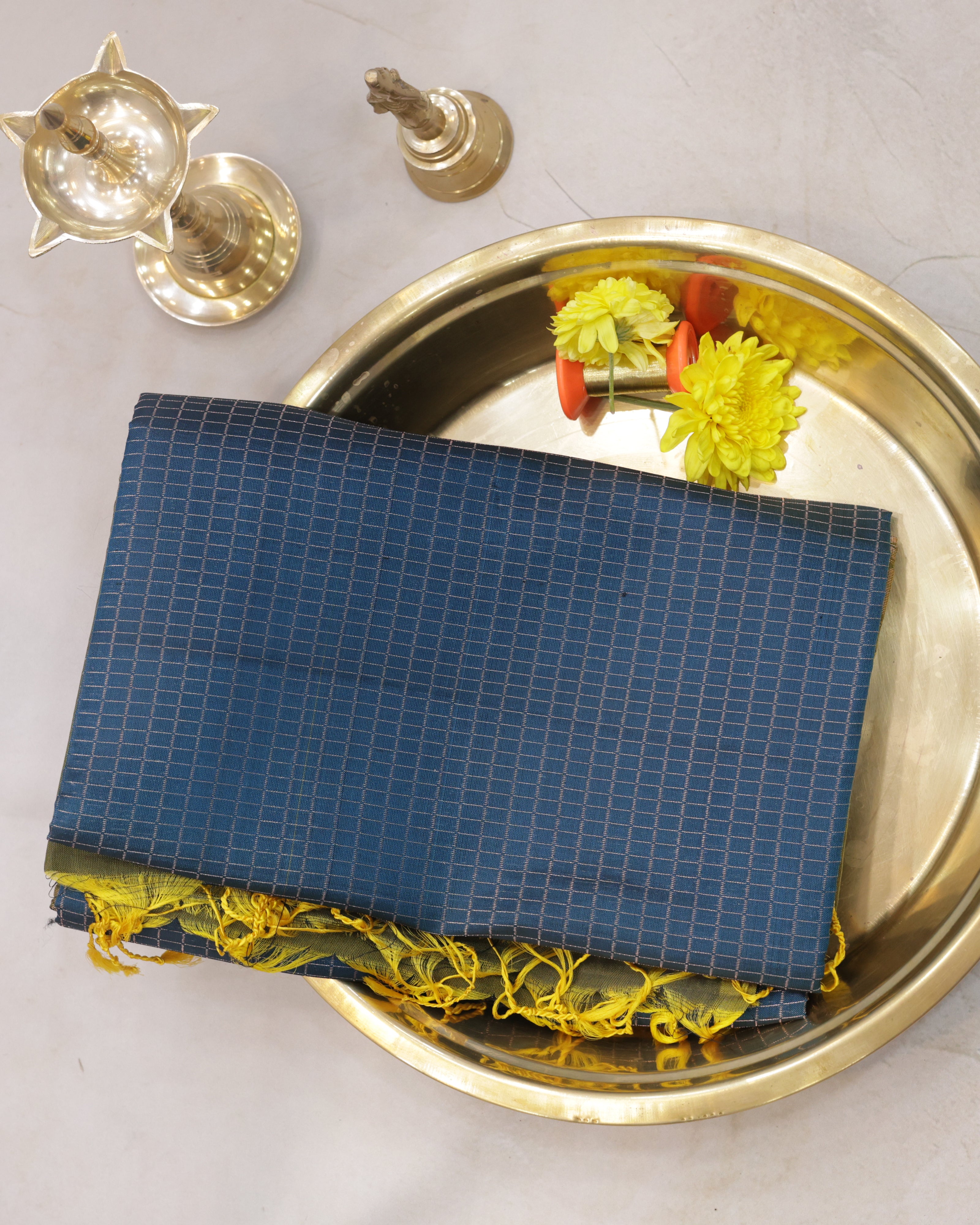 Kanchipuram Rama Blue Checks Silk Saree