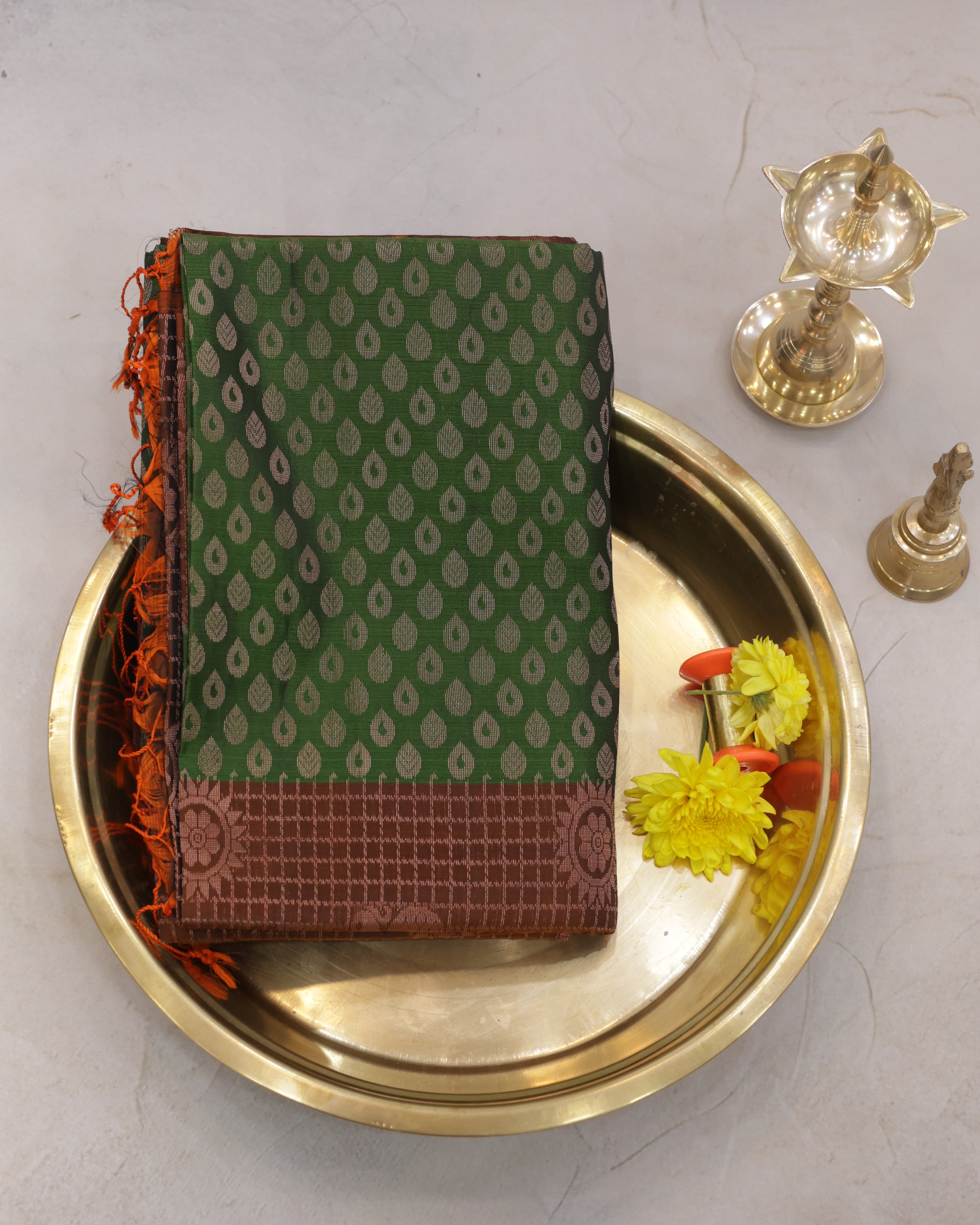 Kanchipuram Green & Brick Zari Silk Saree