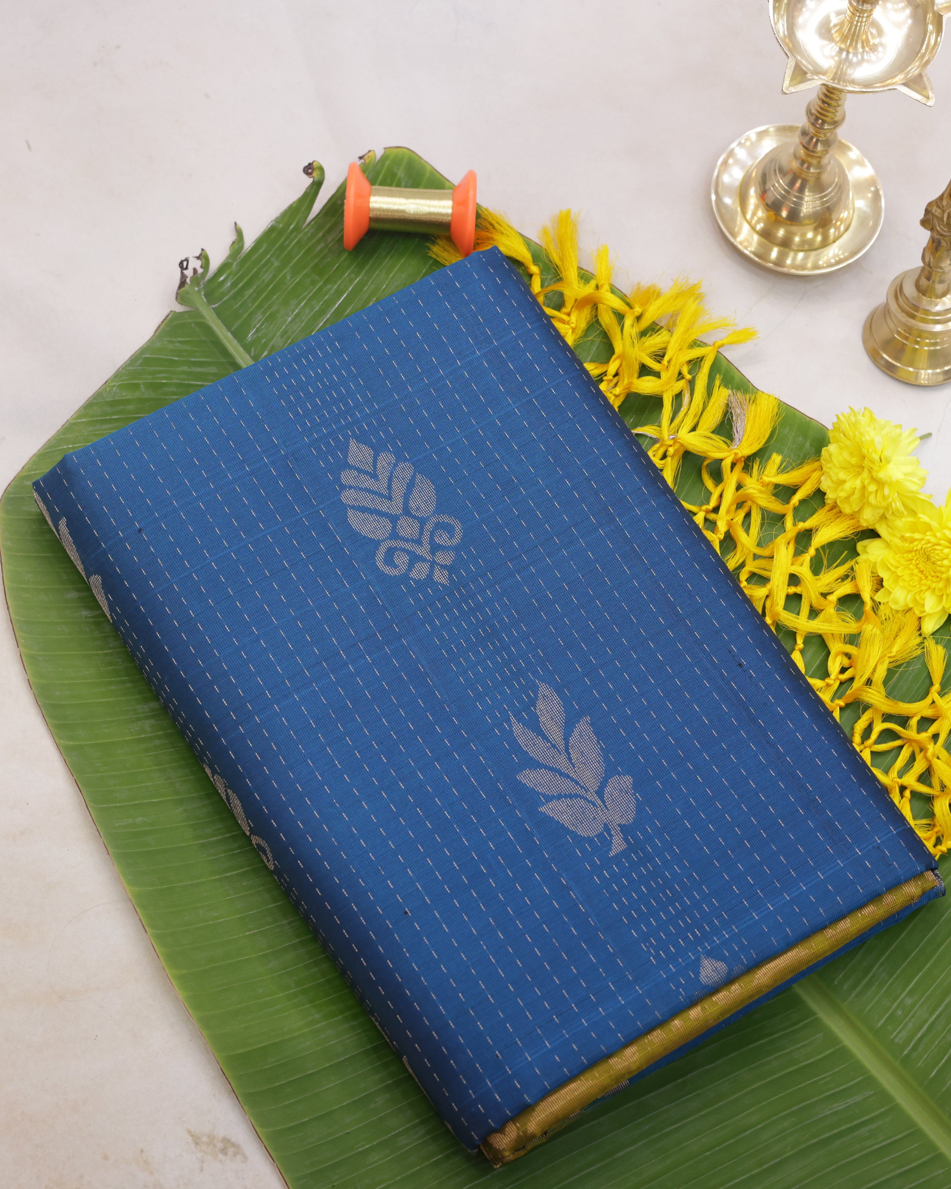 Kanchipuram Rain Drop Golden Soft Silk Saree