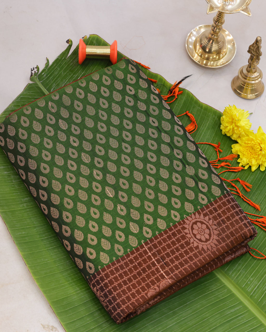 Kanchipuram Green & Brick Zari Silk Saree