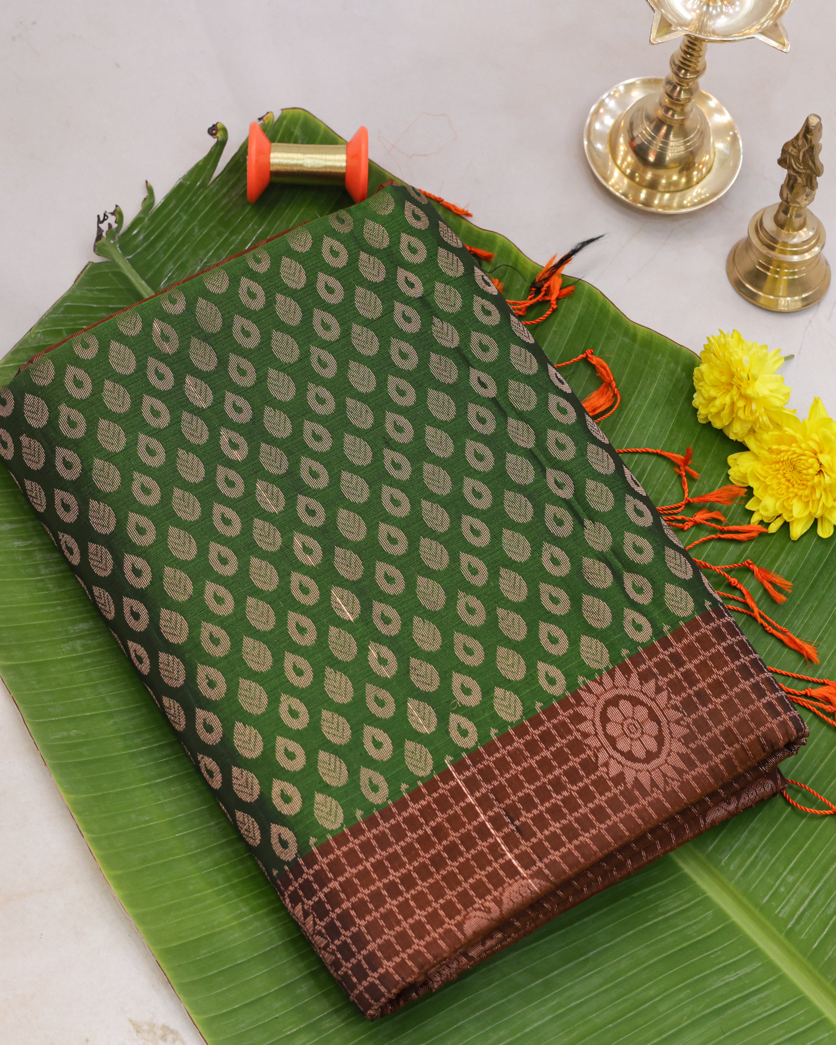 Kanchipuram Green & Brick Zari Silk Saree