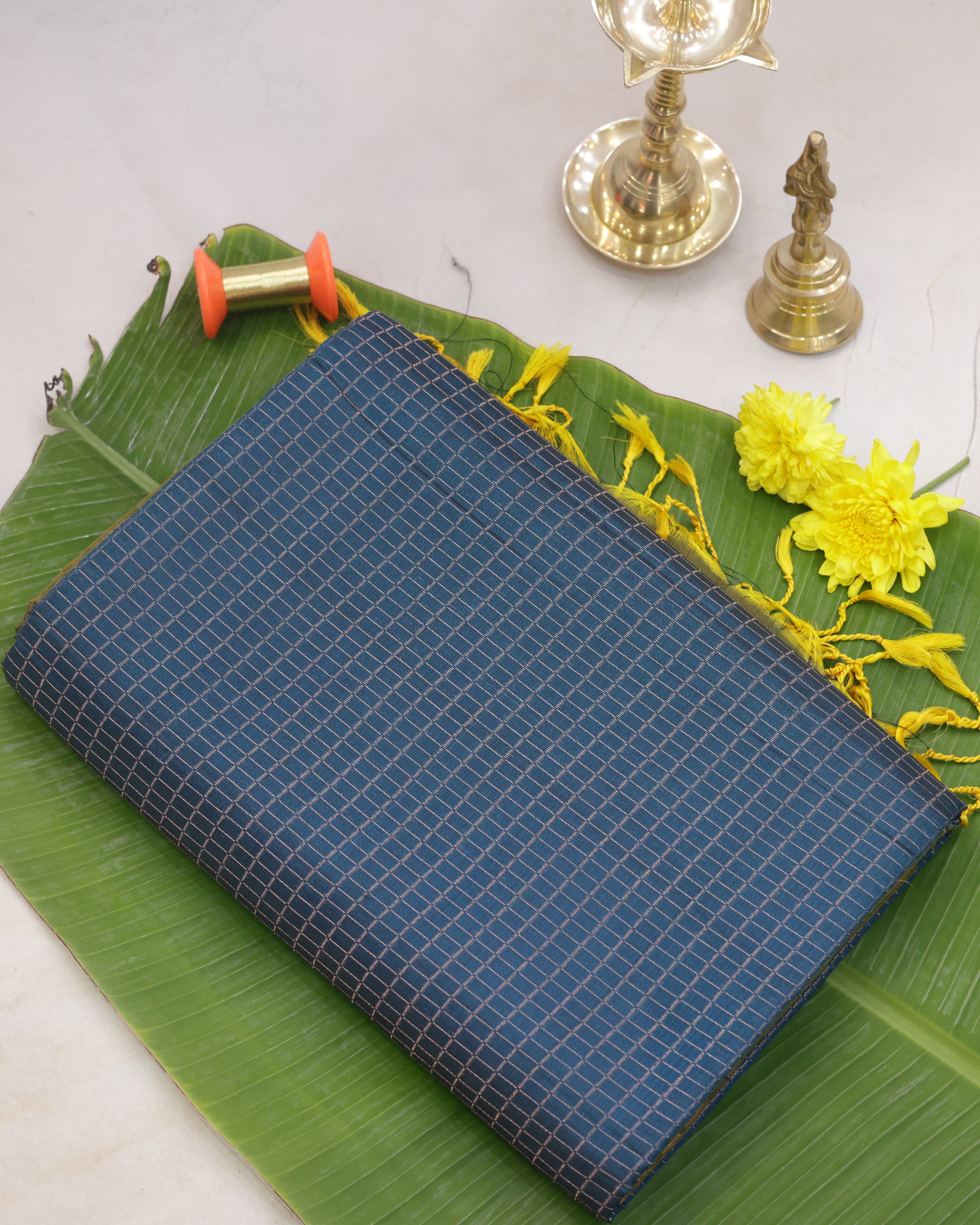 Kanchipuram Rama Blue Checks Silk Saree