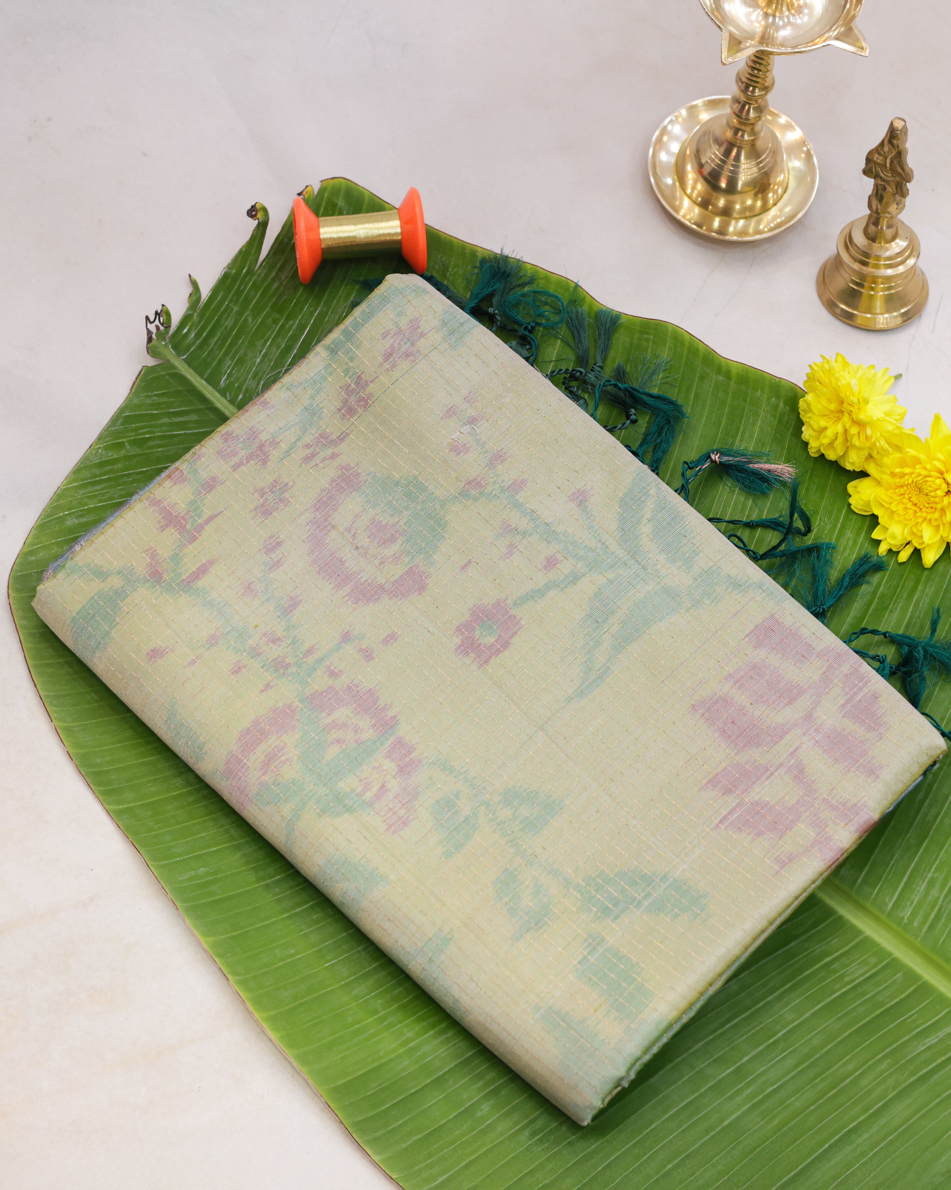 Pastel Pista Green Pochampalli Soft Silk Saree with Zari Accents