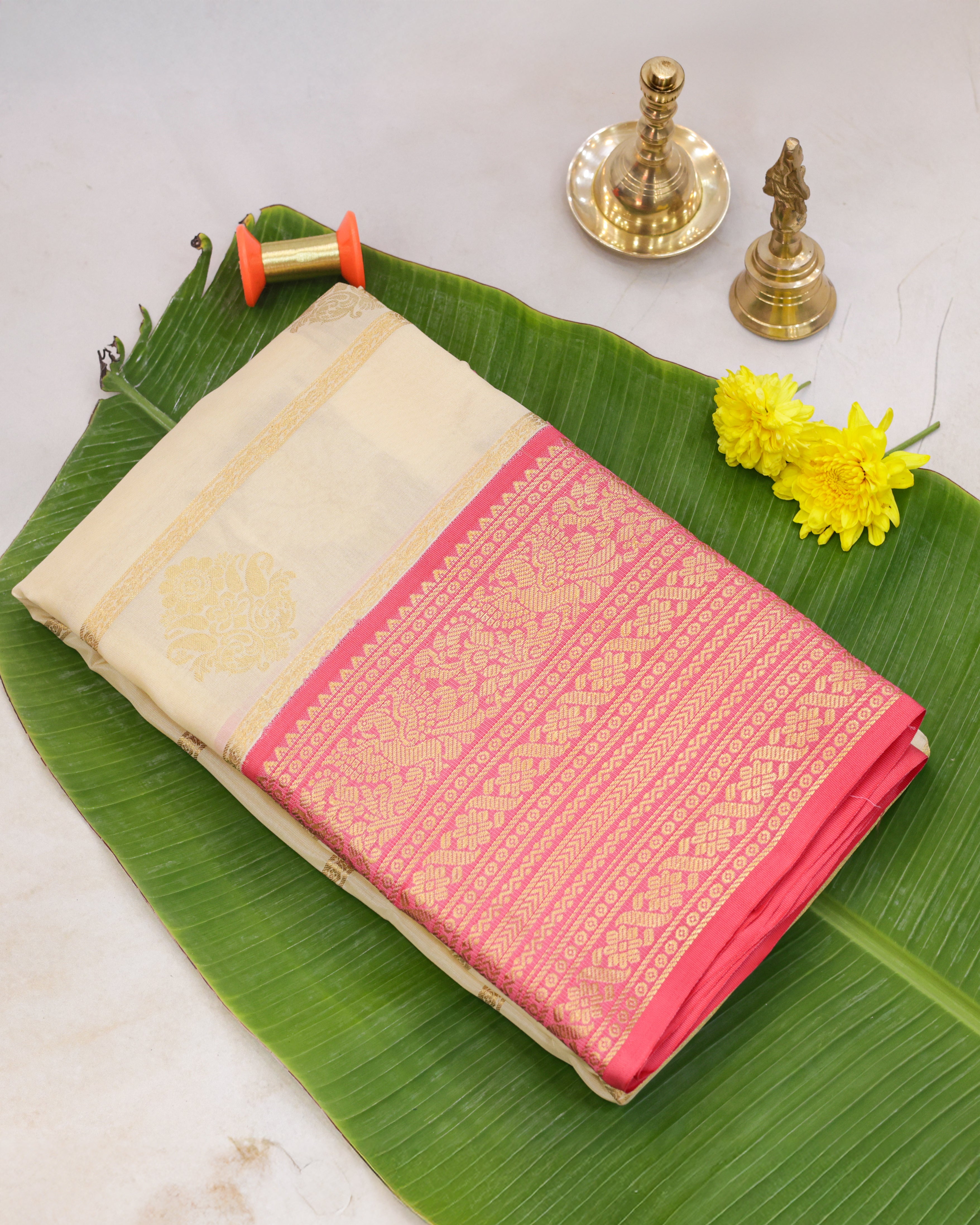 Cream Kanchipuram Silk Saree with Golden Zari Butta