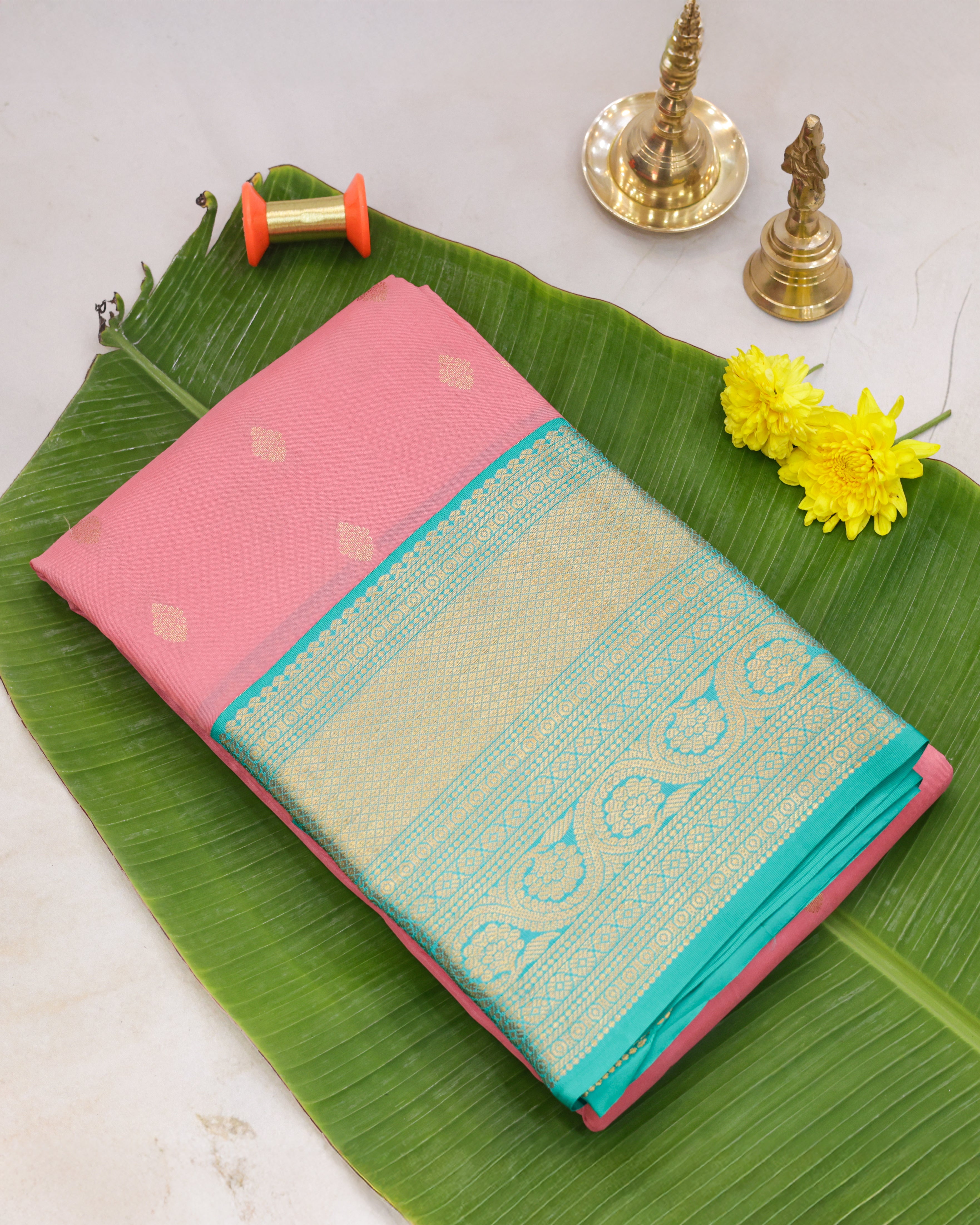 Kanchipuram Pink & Teal Half-Mix Silk Saree with Golden Zari