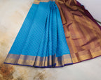 Kanchipuram Embossed Soft Silk Saree in Rama Blue & Dark Purple