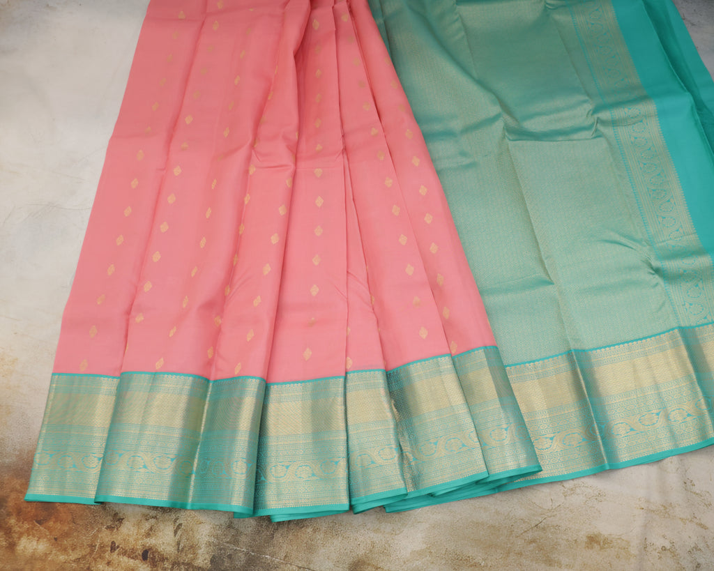 Kanchipuram Pink & Teal Half-Mix Silk Saree with Golden Zari