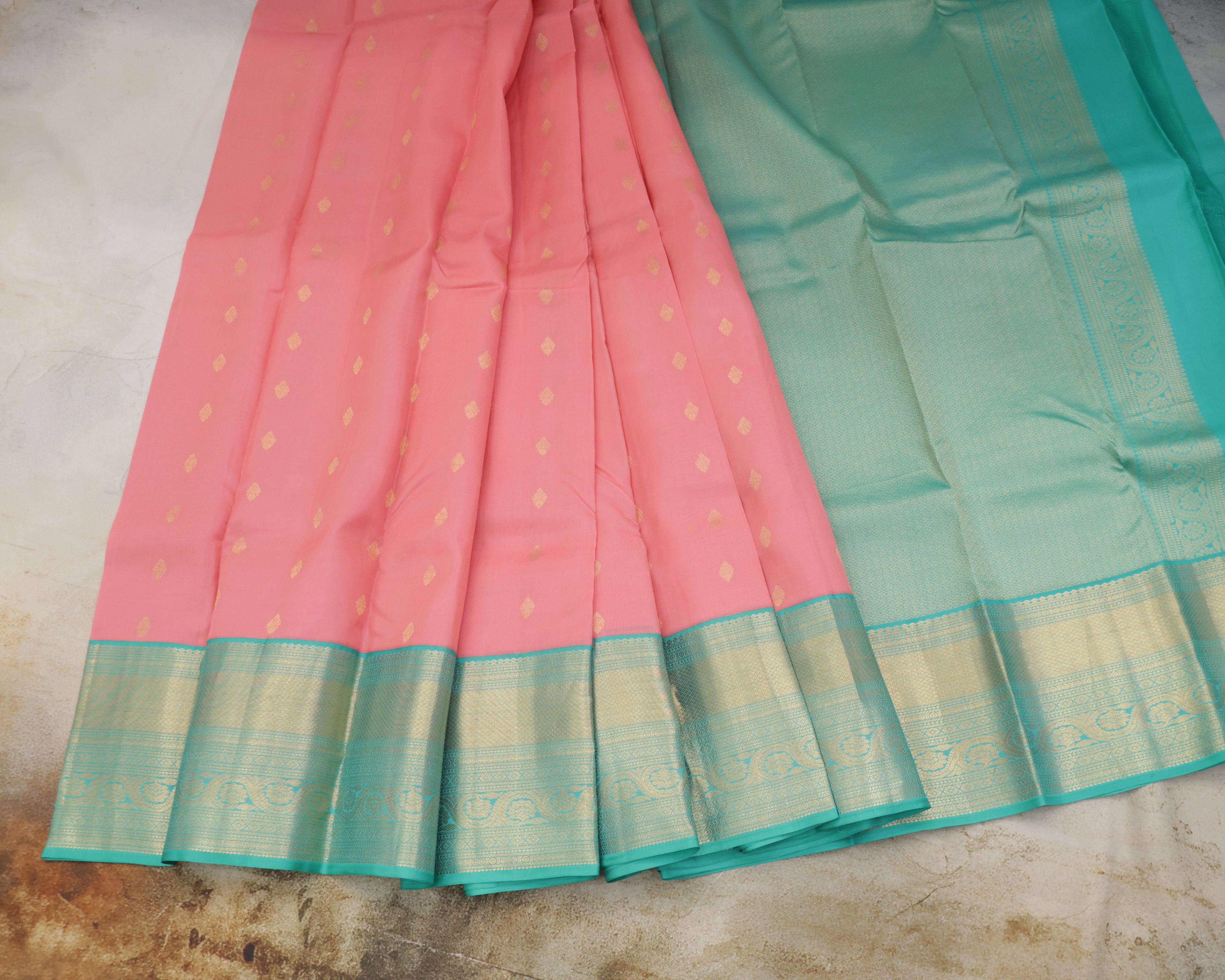Kanchipuram Pink & Teal Half-Mix Silk Saree with Golden Zari
