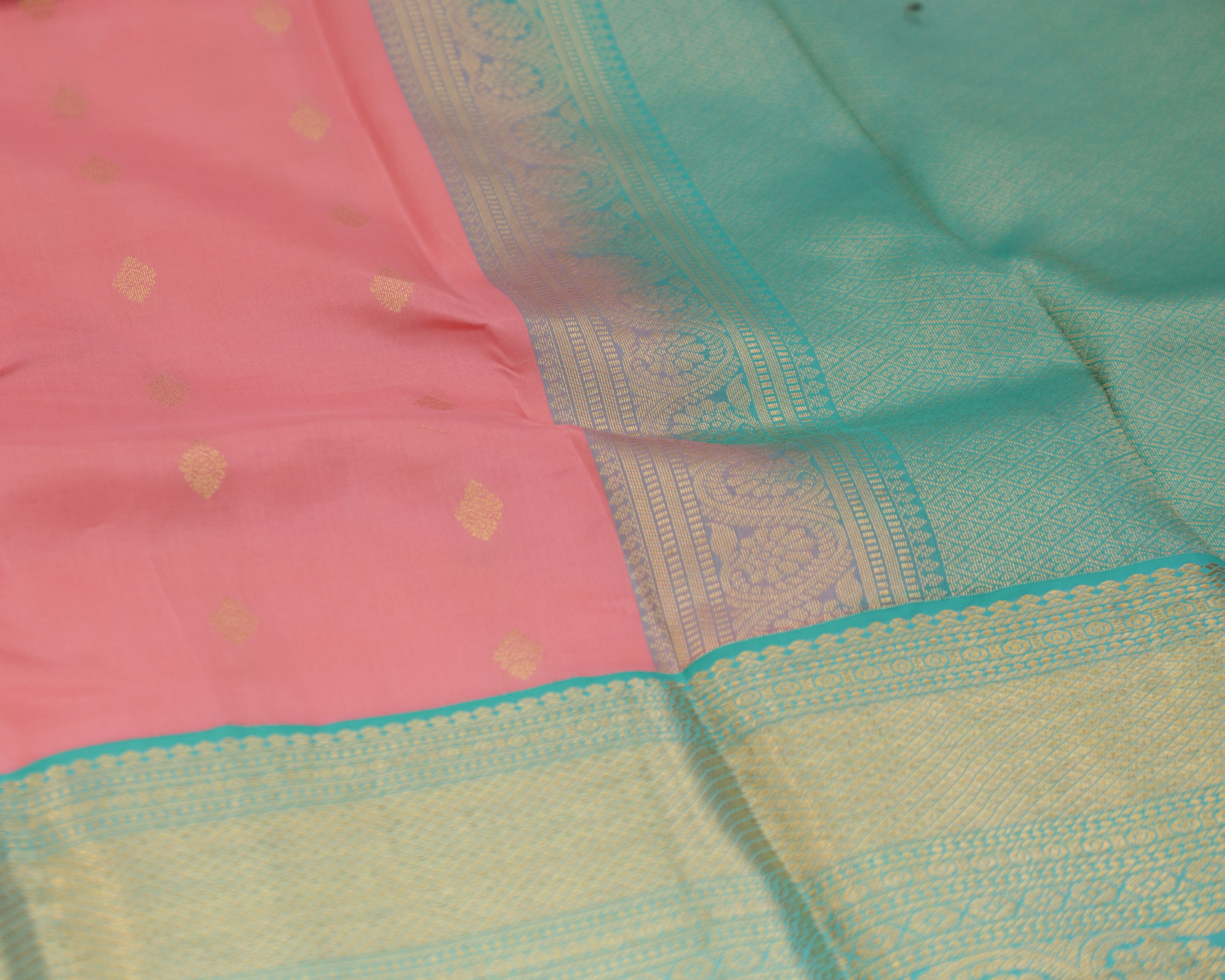 Kanchipuram Pink & Teal Half-Mix Silk Saree with Golden Zari