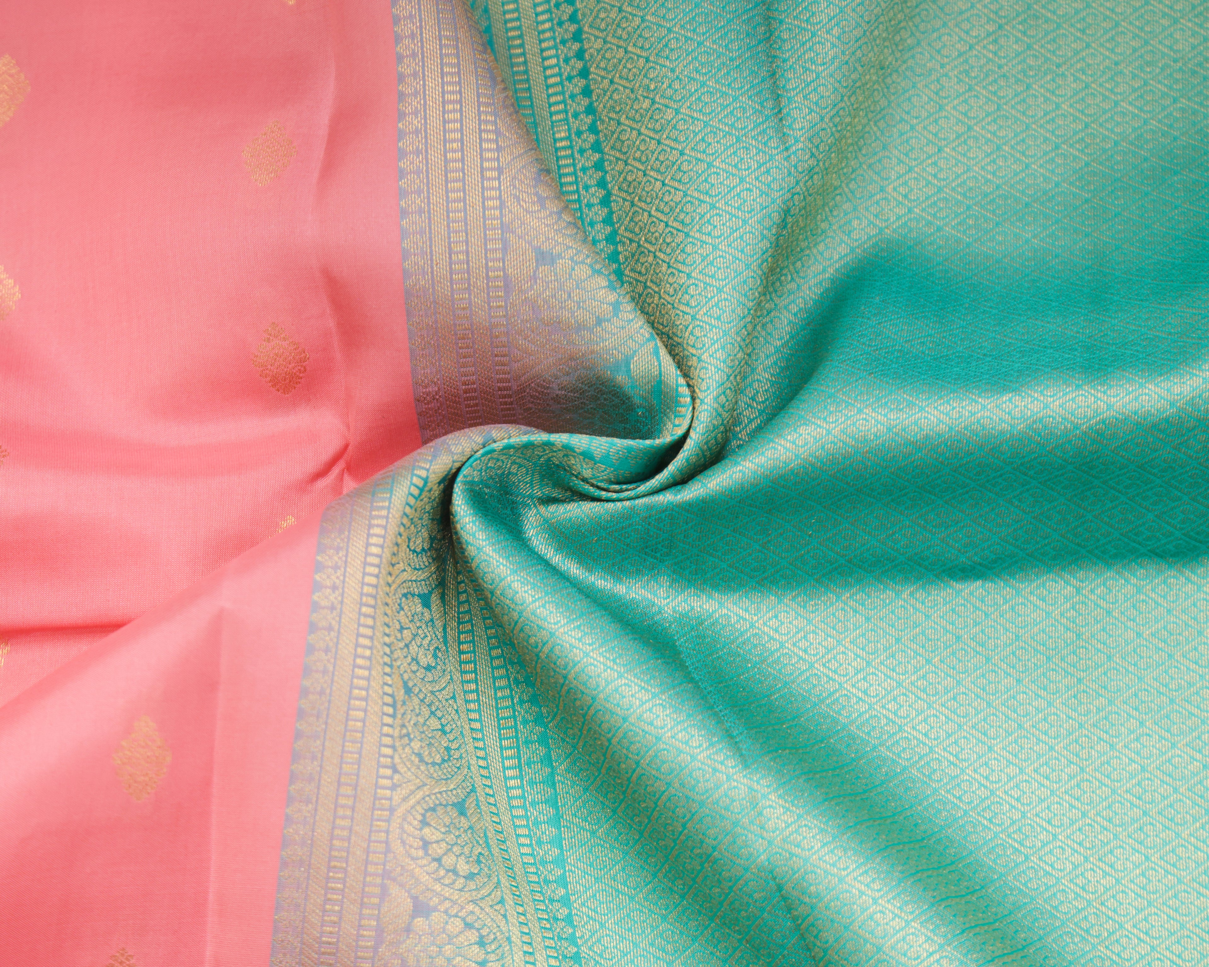 Kanchipuram Pink & Teal Half-Mix Silk Saree with Golden Zari