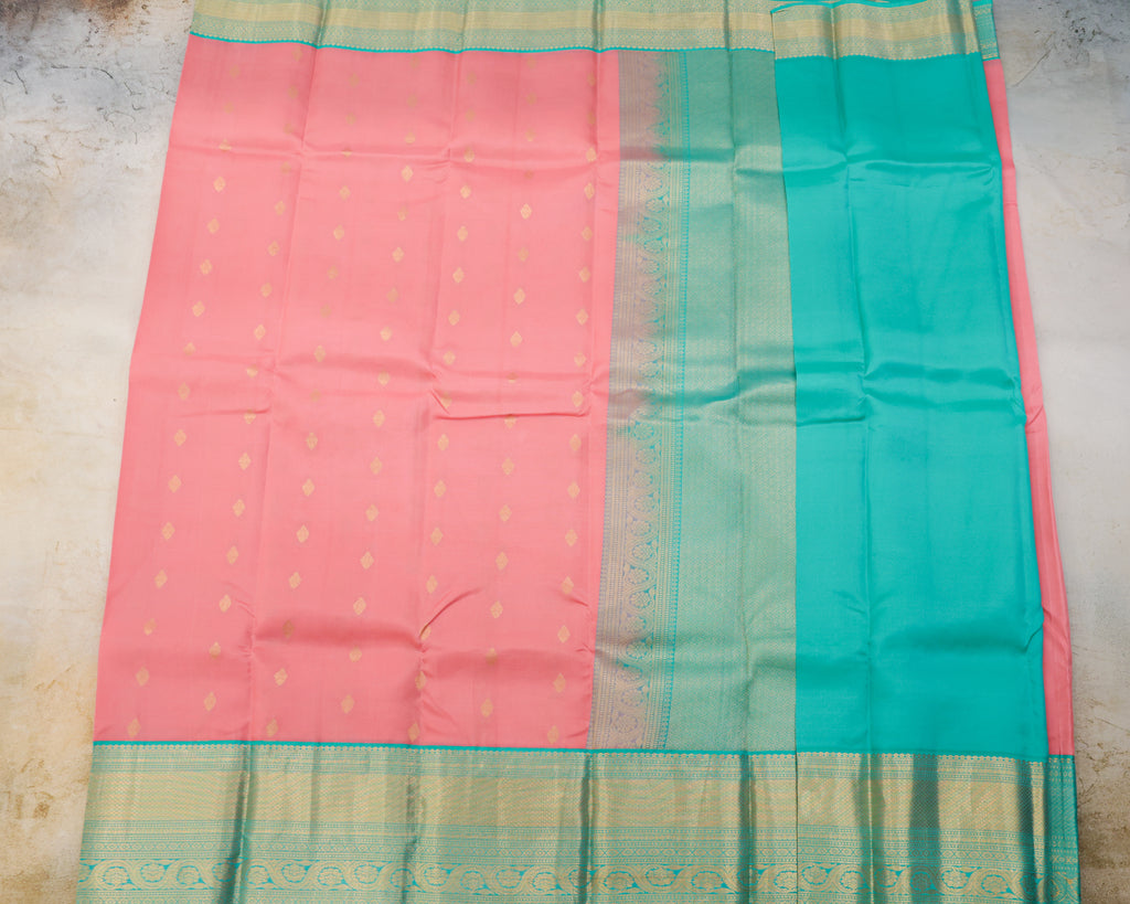 Kanchipuram Pink & Teal Half-Mix Silk Saree with Golden Zari
