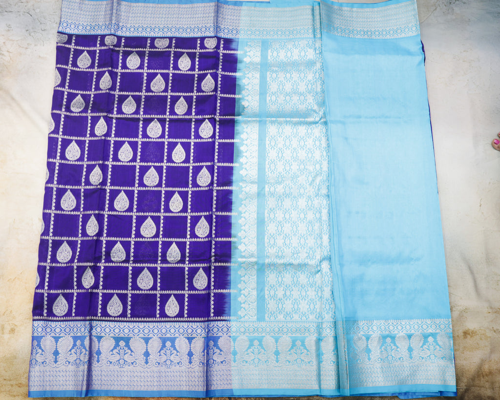 Venkatagiri Pure Silk Royal Blue Checks Saree