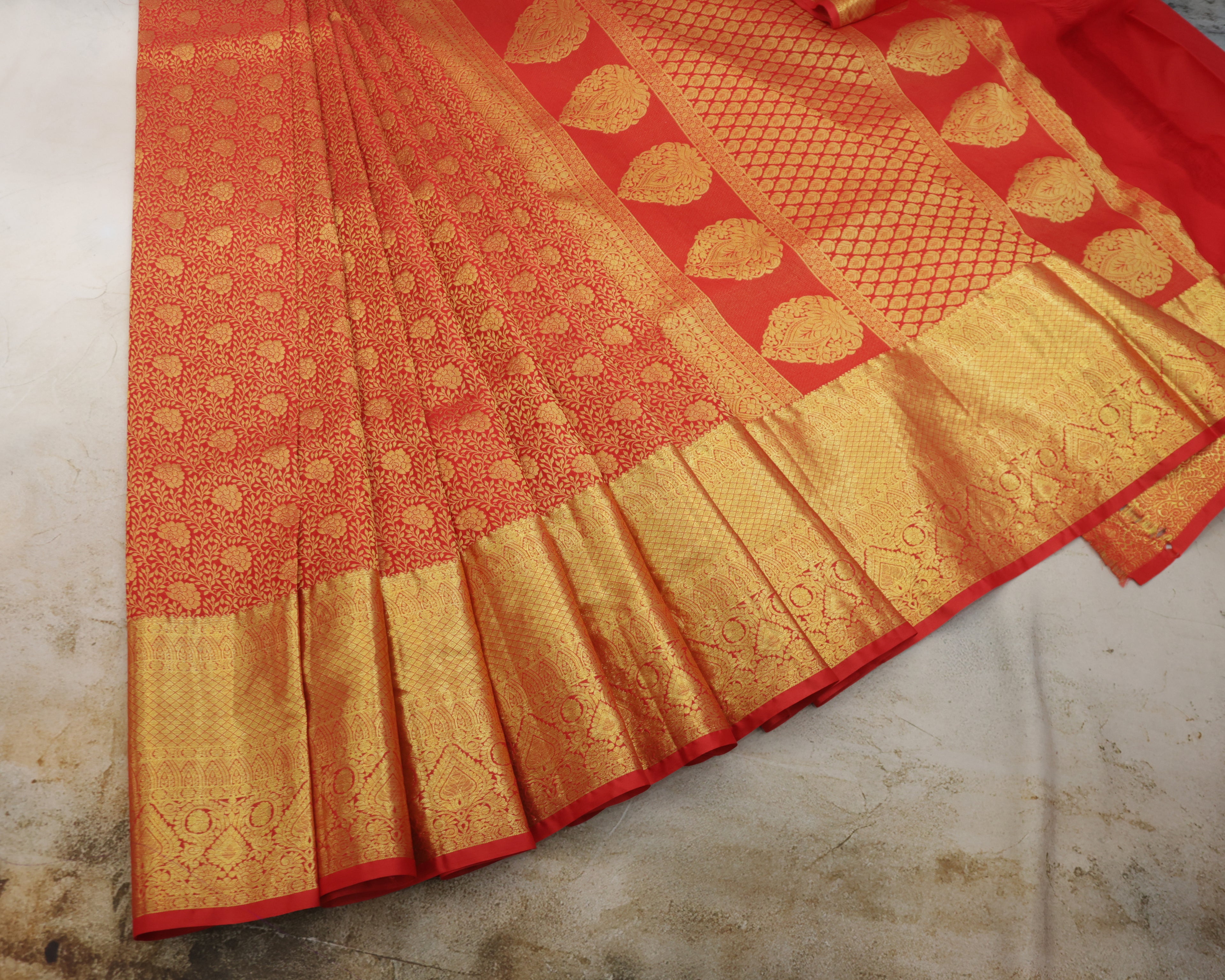 Kanchipuram Bridal Red Silk Saree with All-Over Golden Zari