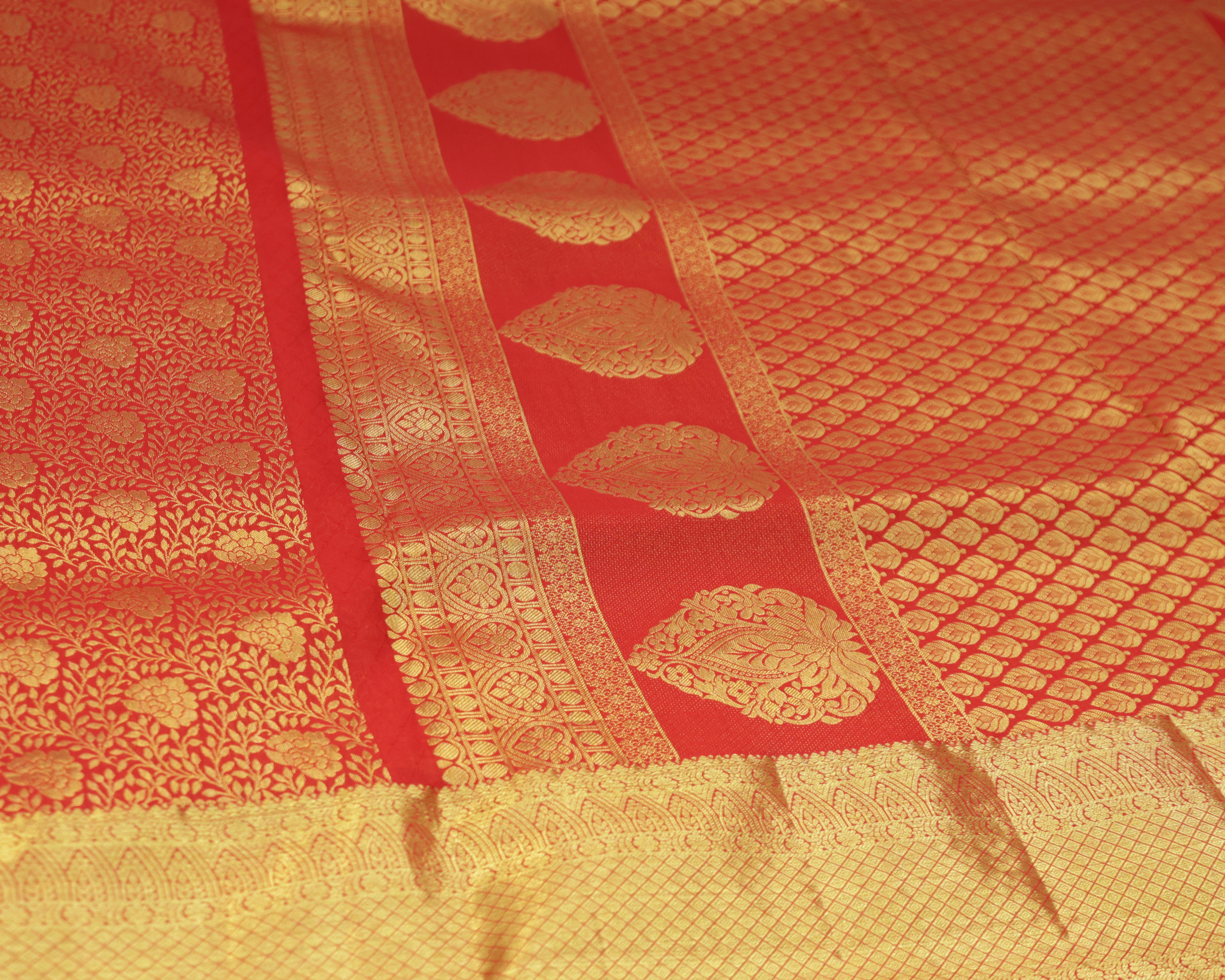 Kanchipuram Bridal Red Silk Saree with All-Over Golden Zari