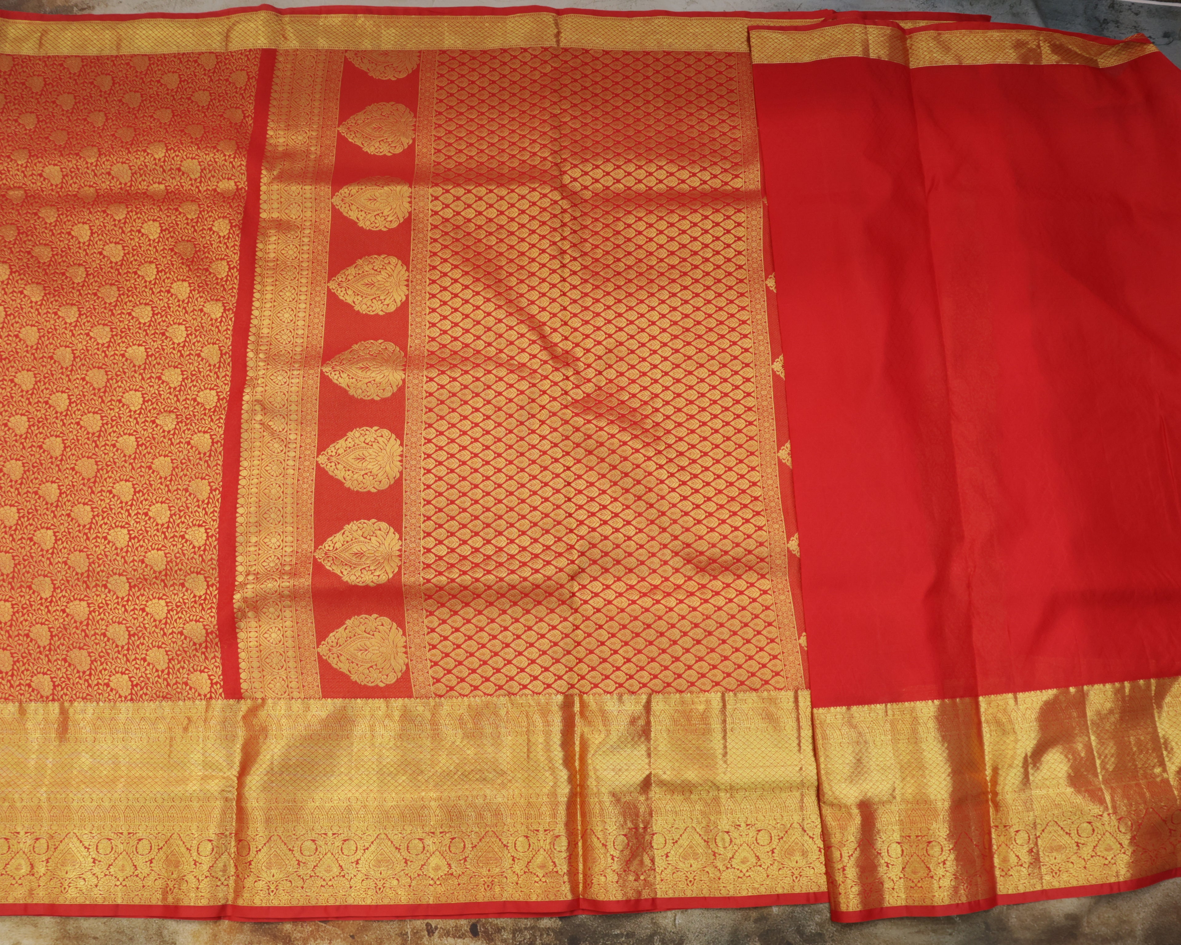 Kanchipuram Bridal Red Silk Saree with All-Over Golden Zari