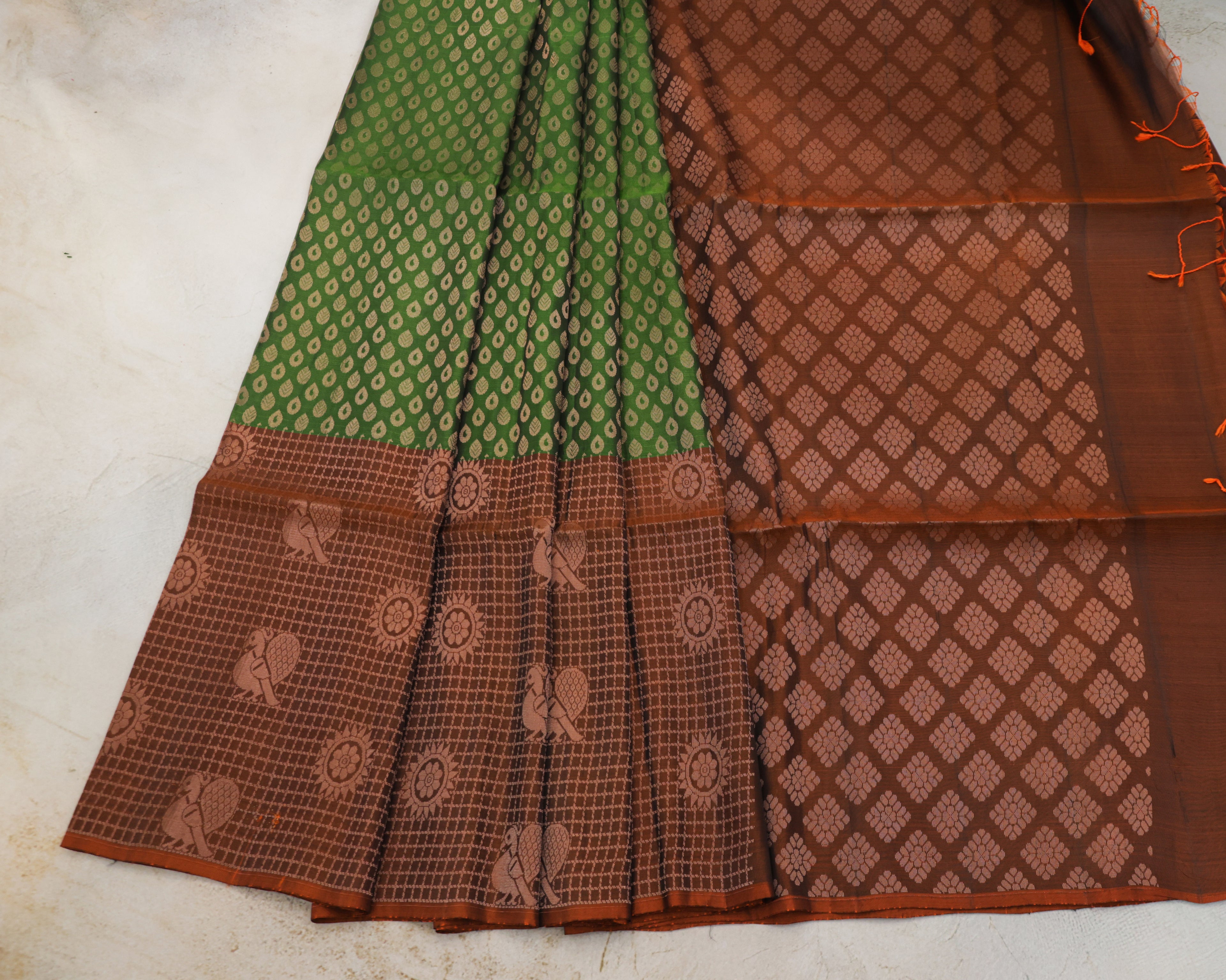 Kanchipuram Green & Brick Zari Silk Saree