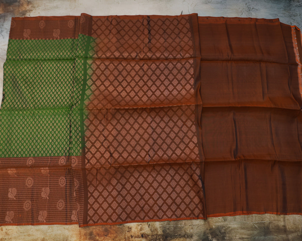 Kanchipuram Green & Brick Zari Silk Saree