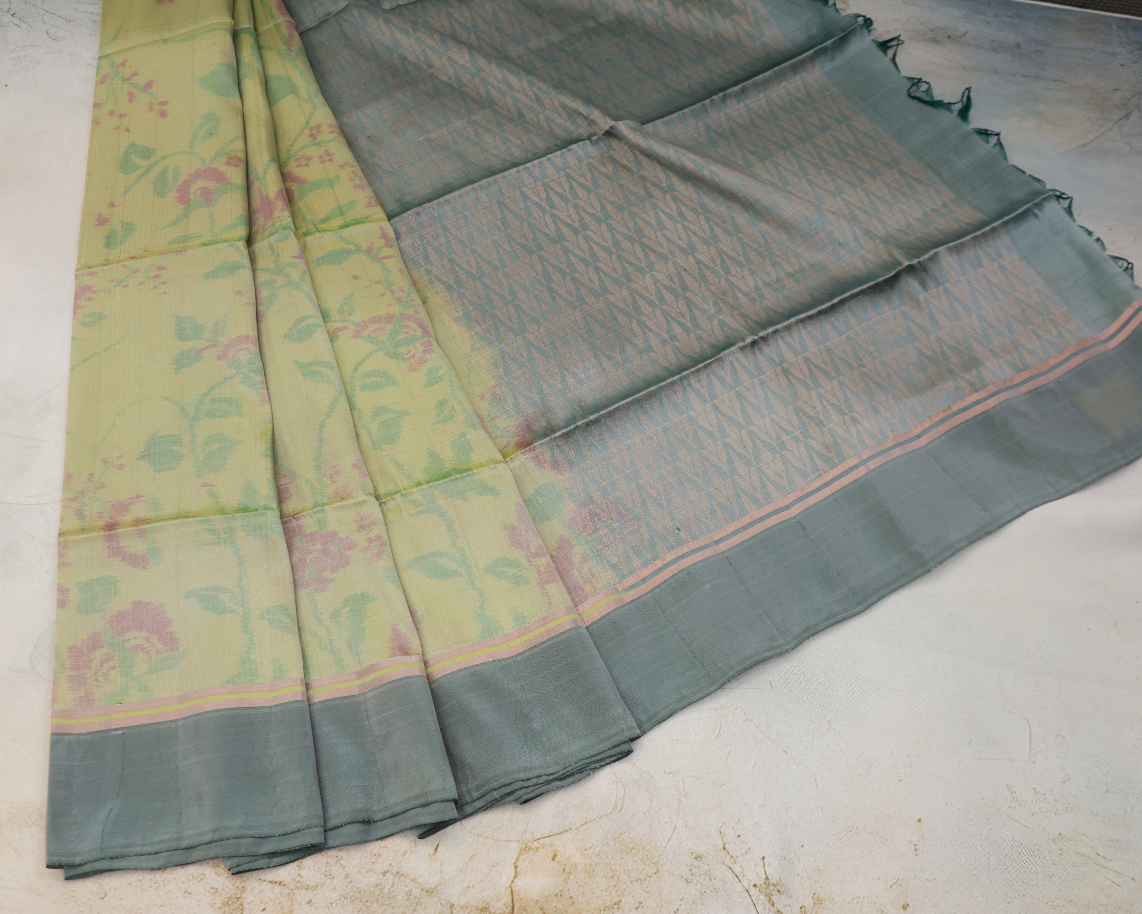 Pastel Pista Green Pochampalli Soft Silk Saree with Zari Accents