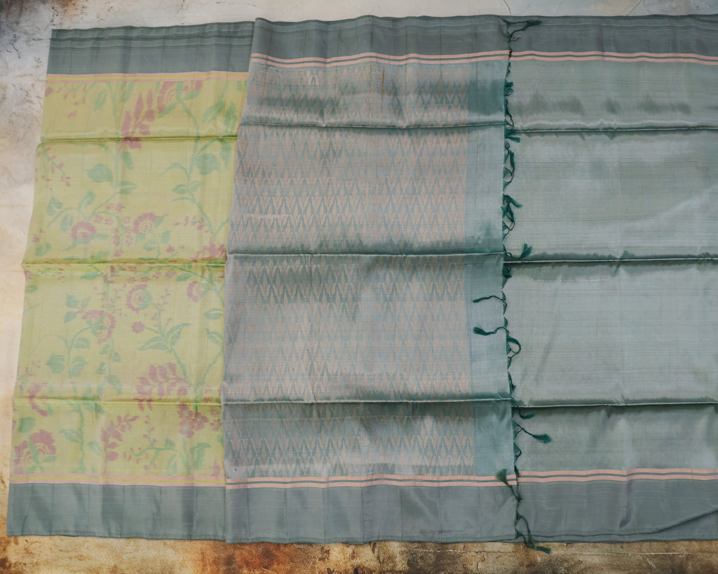 Pastel Pista Green Pochampalli Soft Silk Saree with Zari Accents