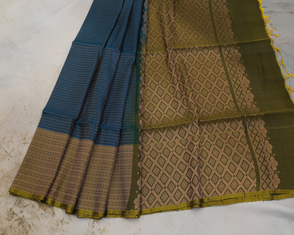 Kanchipuram Rama Blue Checks Silk Saree