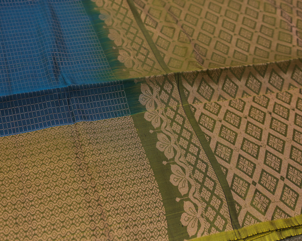 Kanchipuram Rama Blue Checks Silk Saree