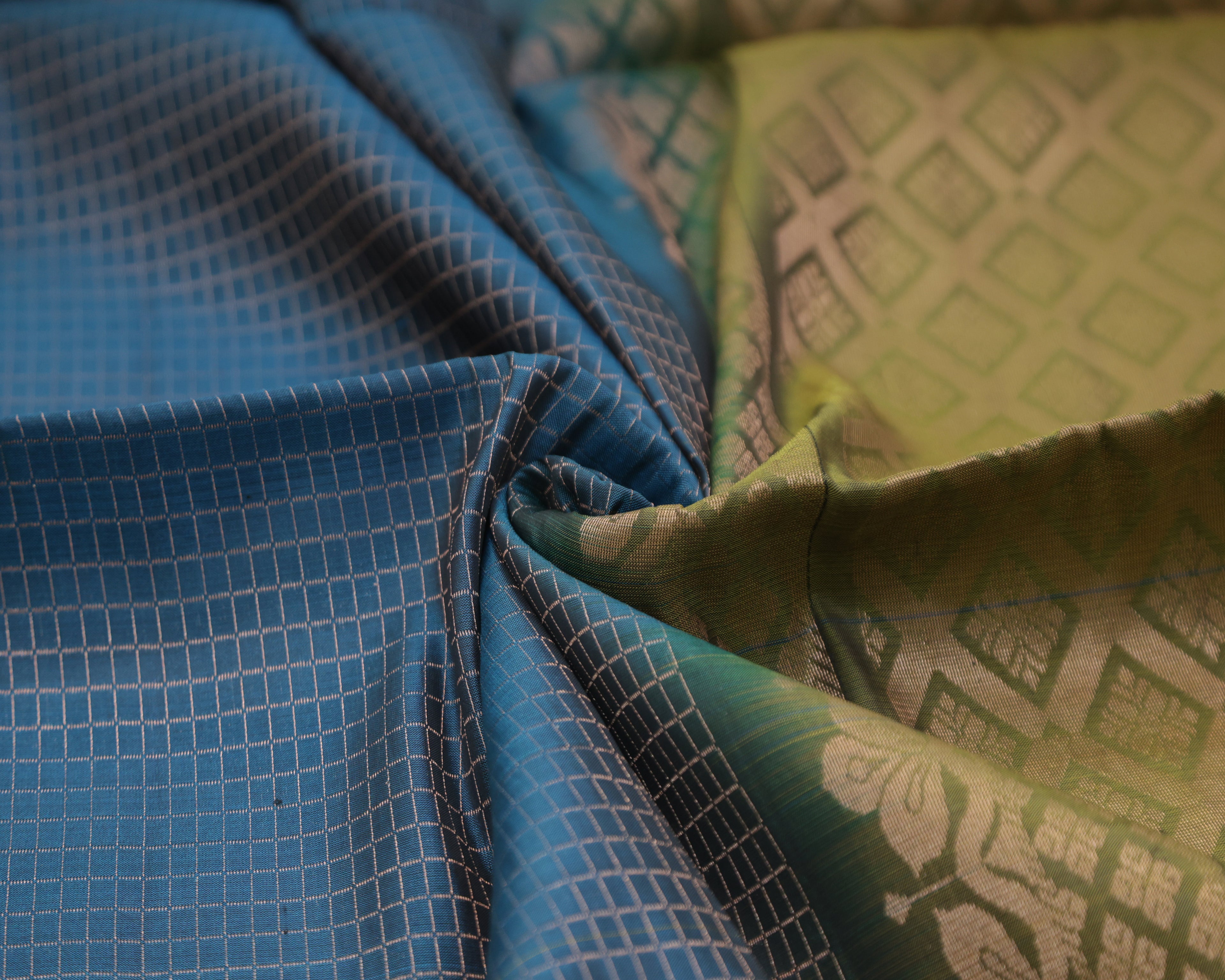 Kanchipuram Rama Blue Checks Silk Saree