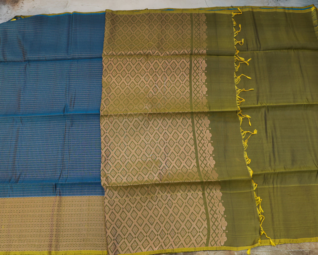 Kanchipuram Rama Blue Checks Silk Saree