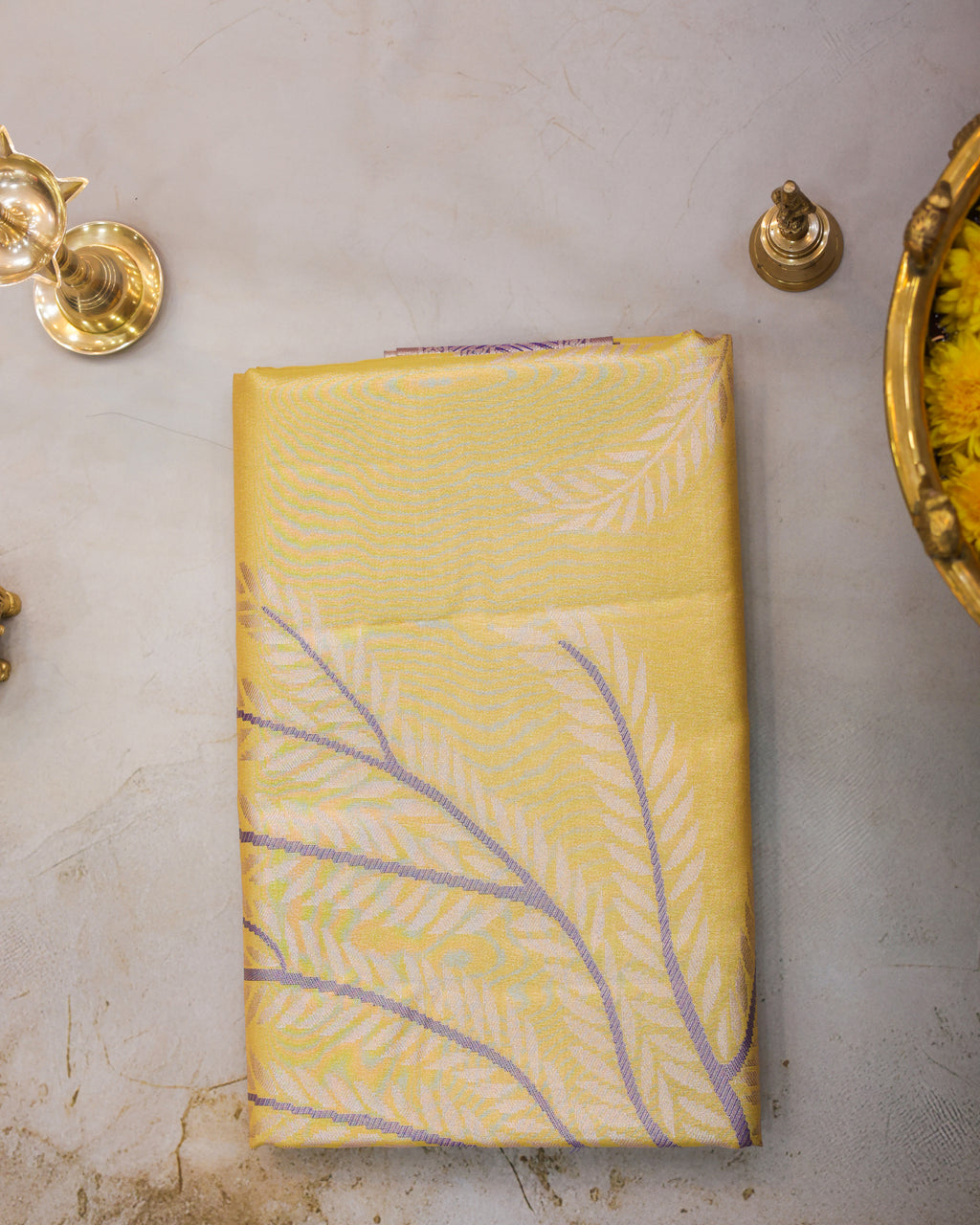 Kanchipuram Tissue Saree with Coconut Tree & Butterfly Motifs in Yellow