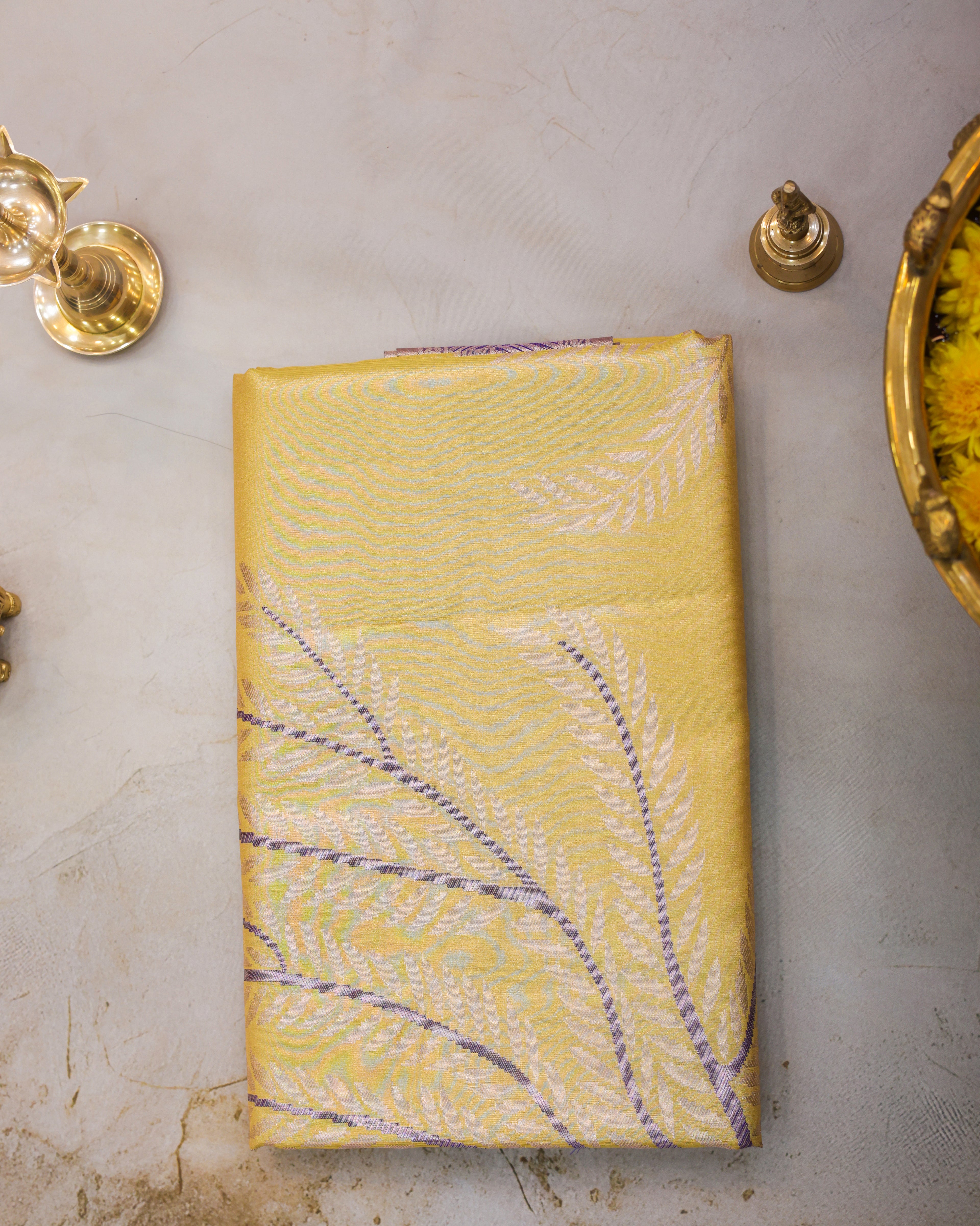 Kanchipuram Tissue Saree with Coconut Tree & Butterfly Motifs in Yellow
