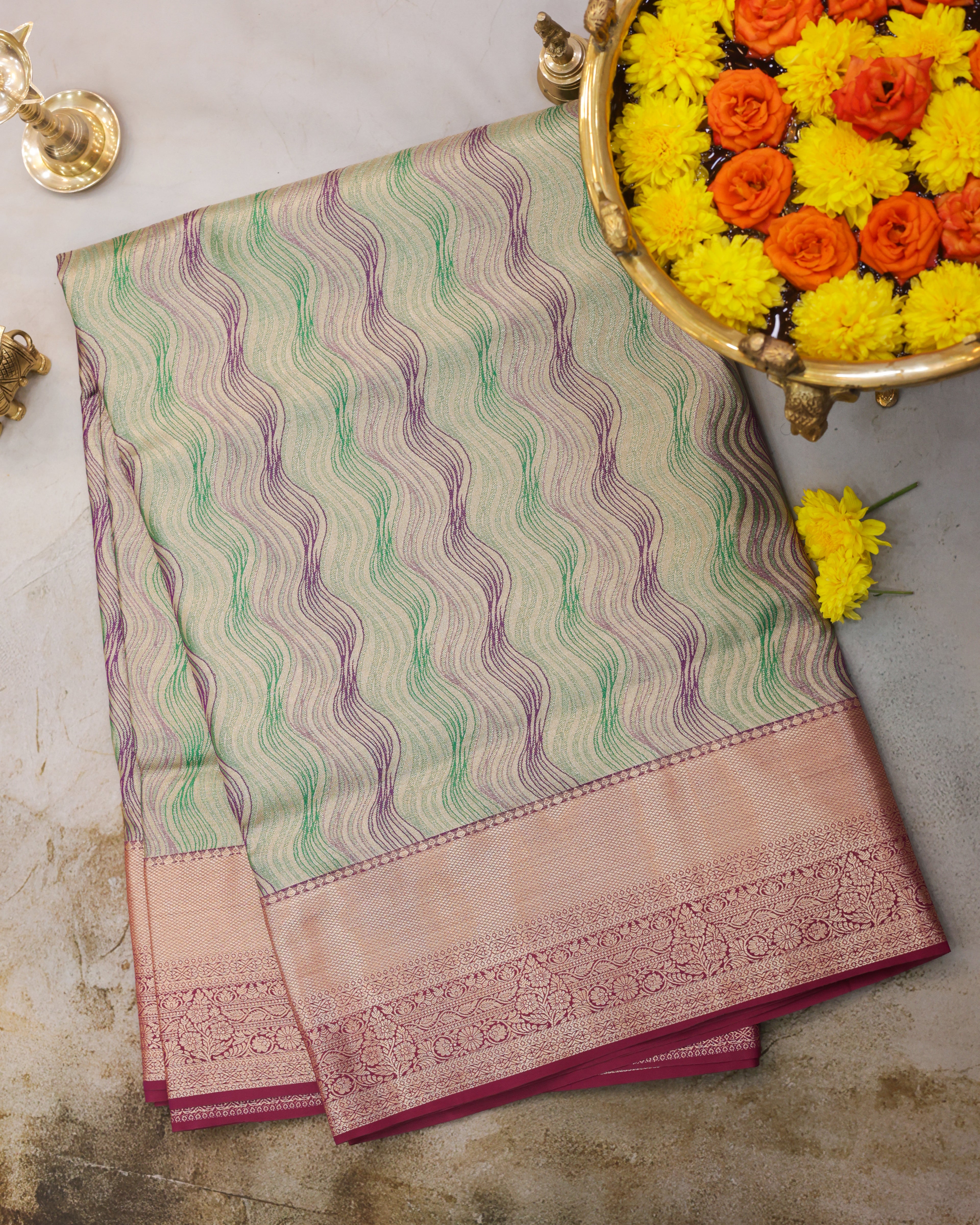 Kanchipuram Tissue Silk Saree with Multicolour Waves