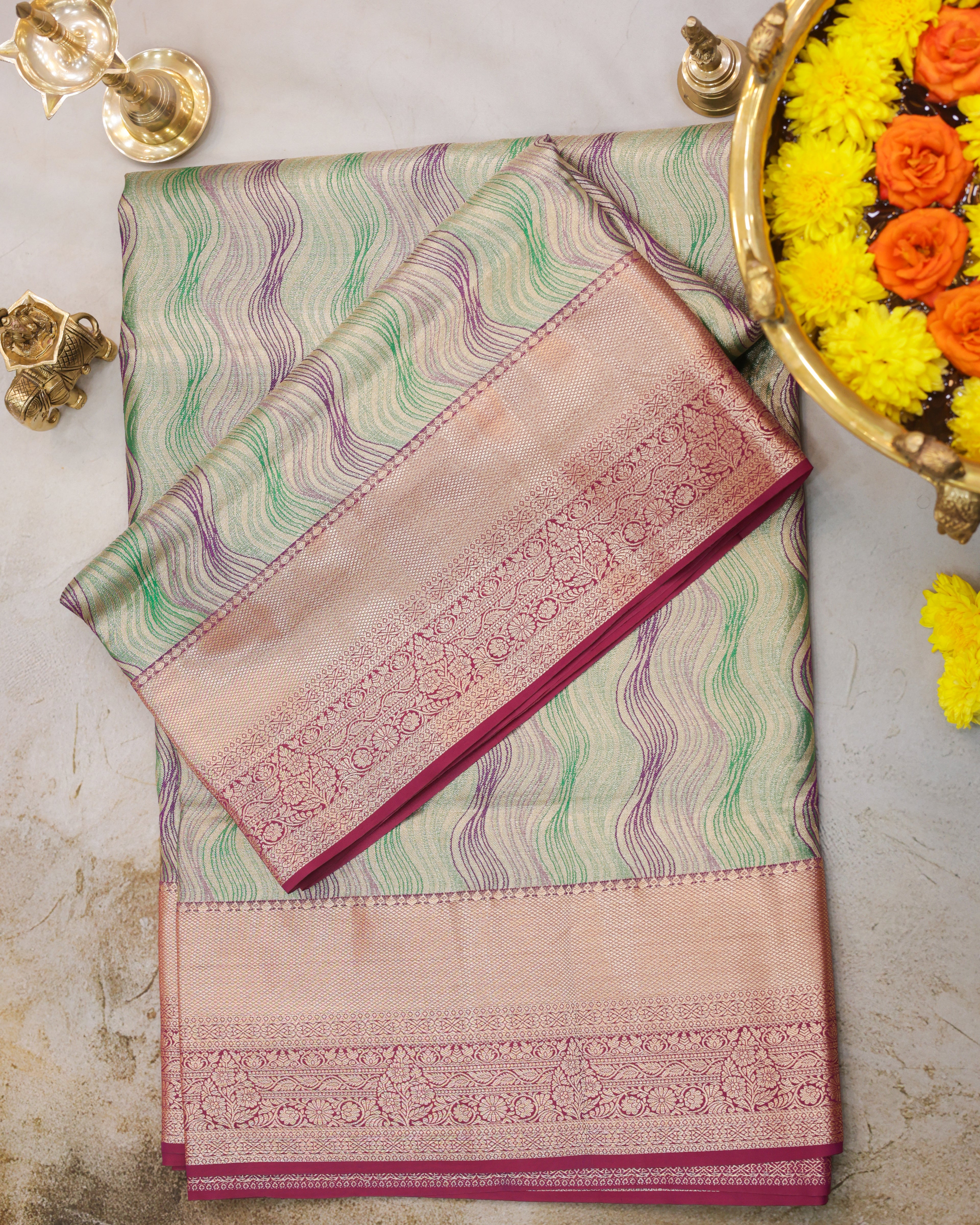 Kanchipuram Tissue Silk Saree with Multicolour Waves