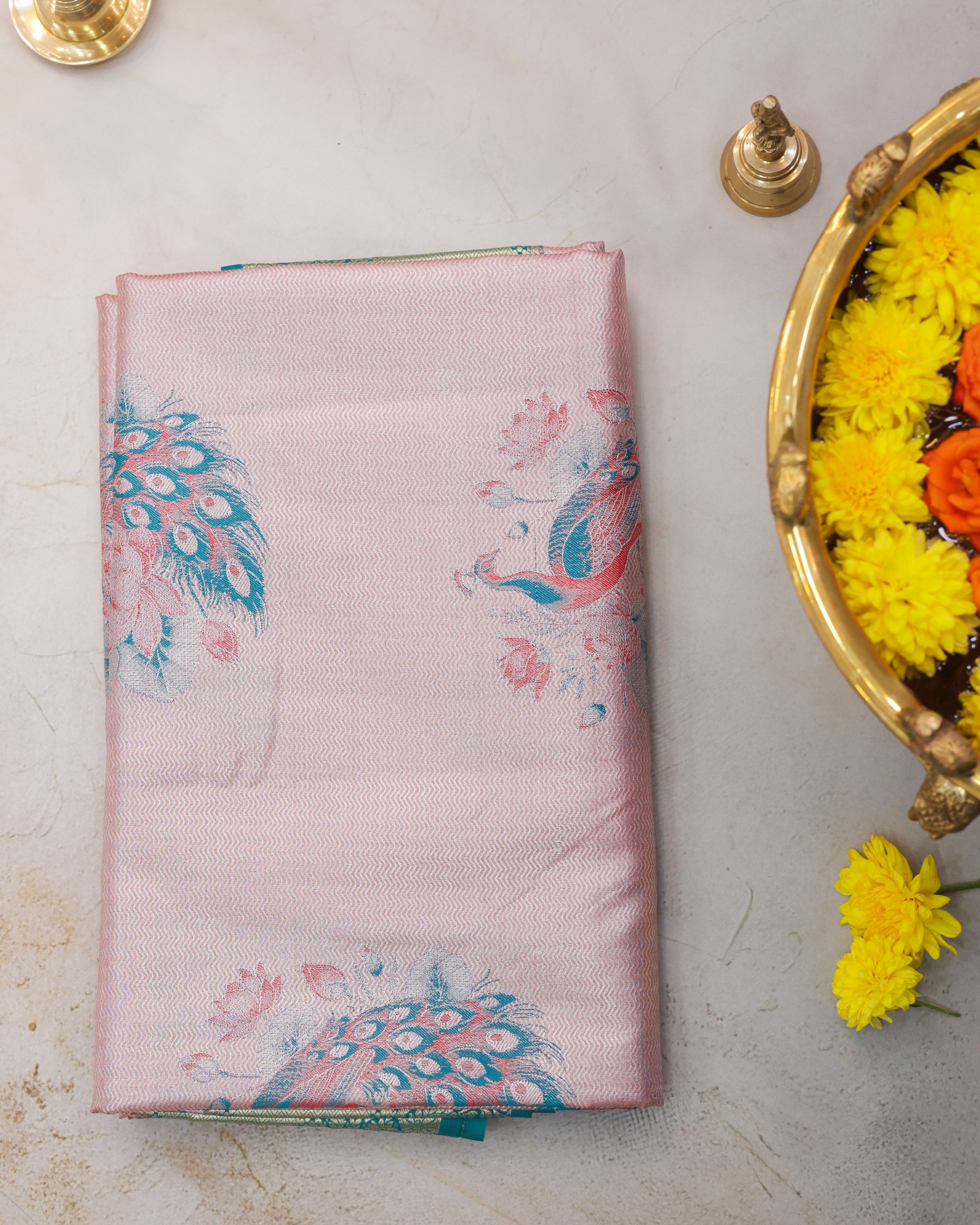 Kanchipuram Tissue Peacock Meena Kari Saree in Brick Tones