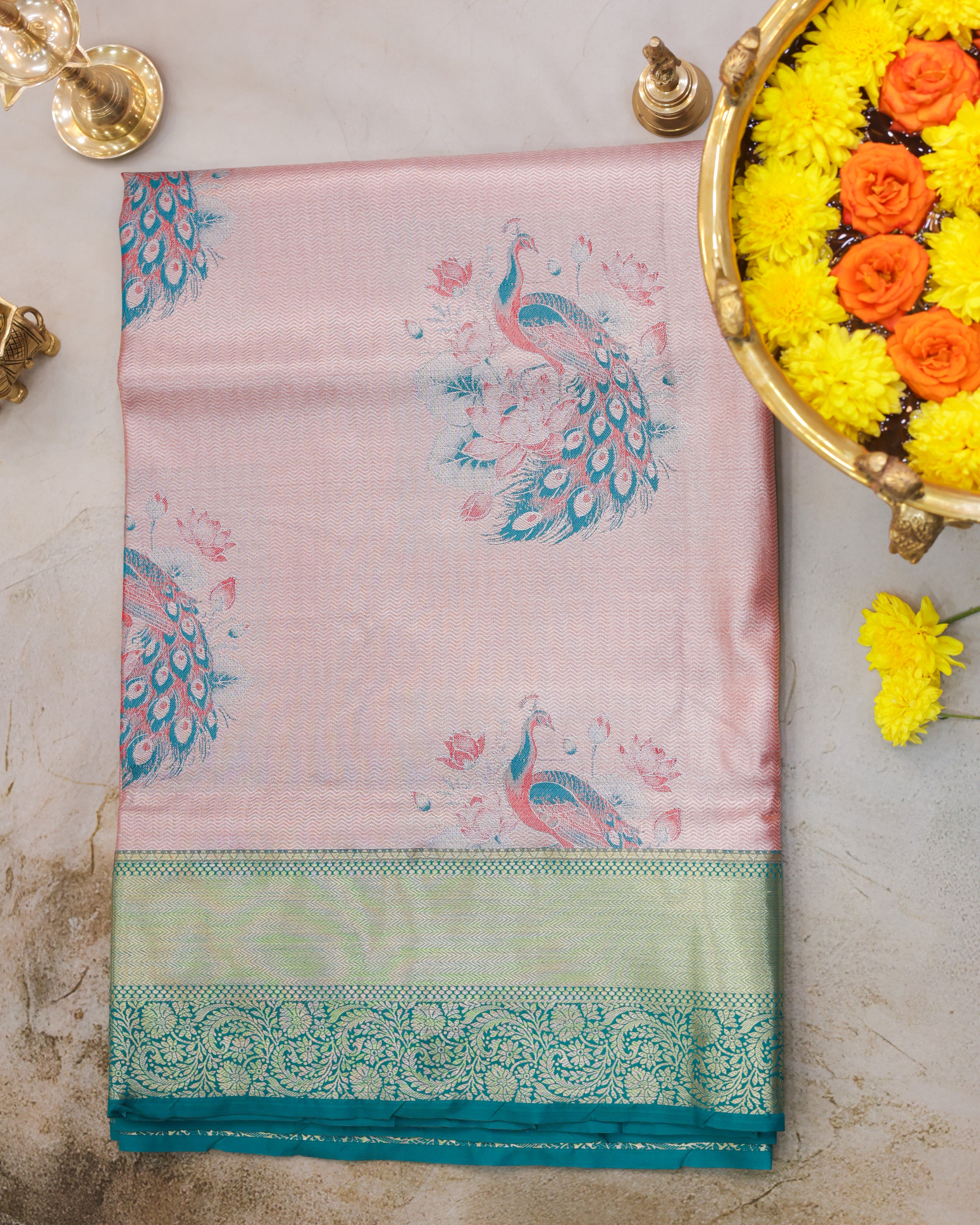 Kanchipuram Tissue Peacock Meena Kari Saree in Brick Tones