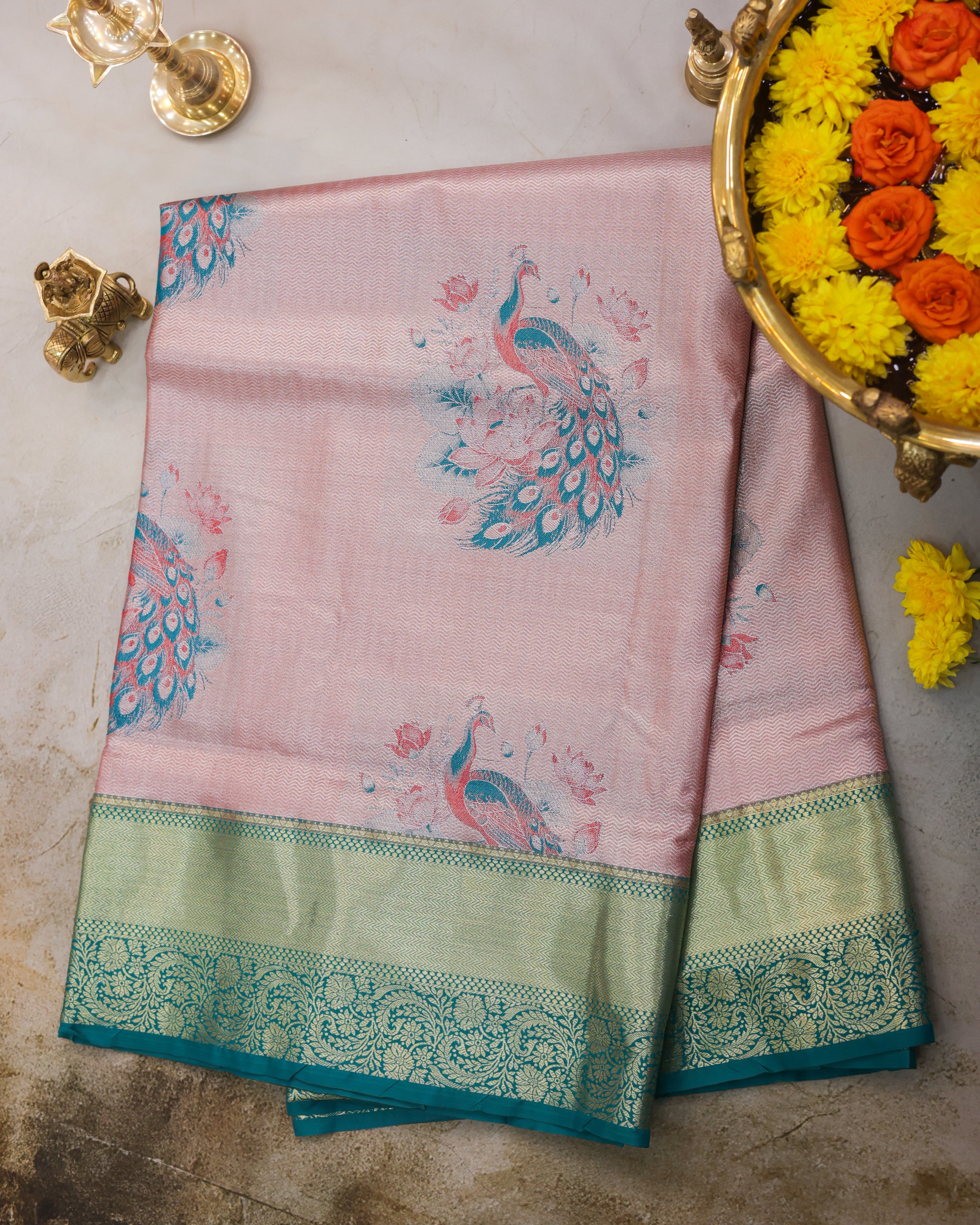 Kanchipuram Tissue Peacock Meena Kari Saree in Brick Tones