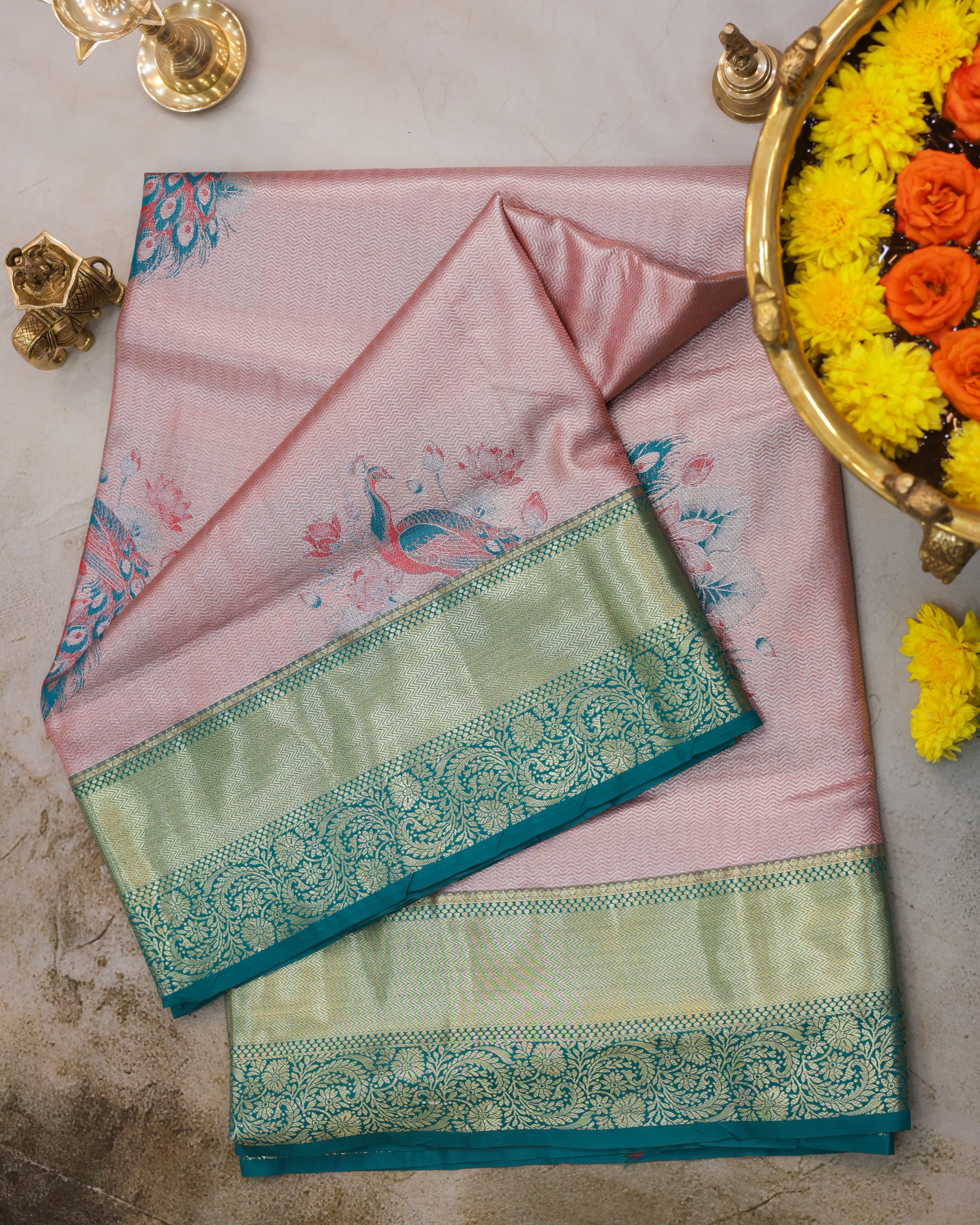 Kanchipuram Tissue Peacock Meena Kari Saree in Brick Tones