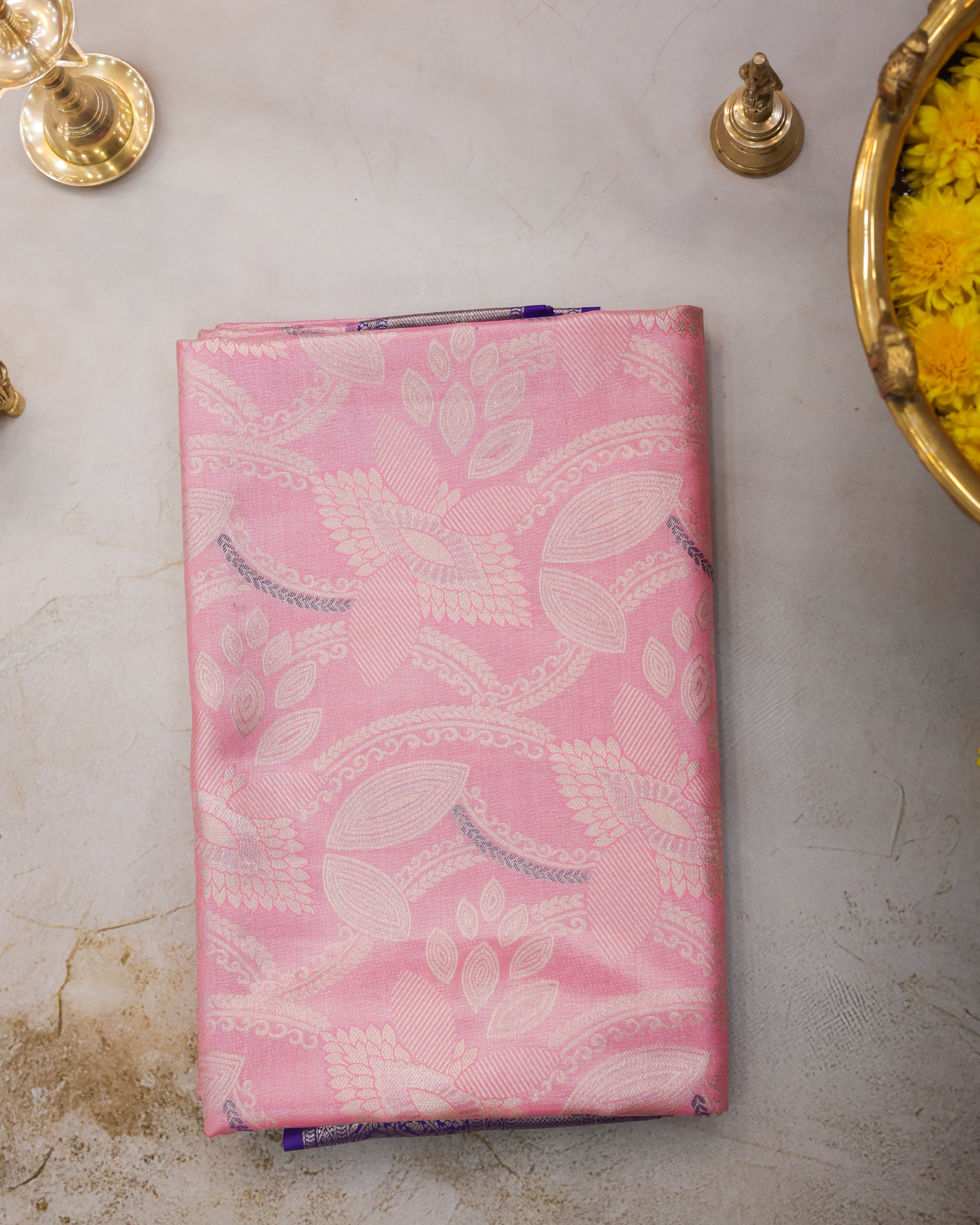Pink Kanchipuram Tissue Saree with All-Over Golden Zari Design