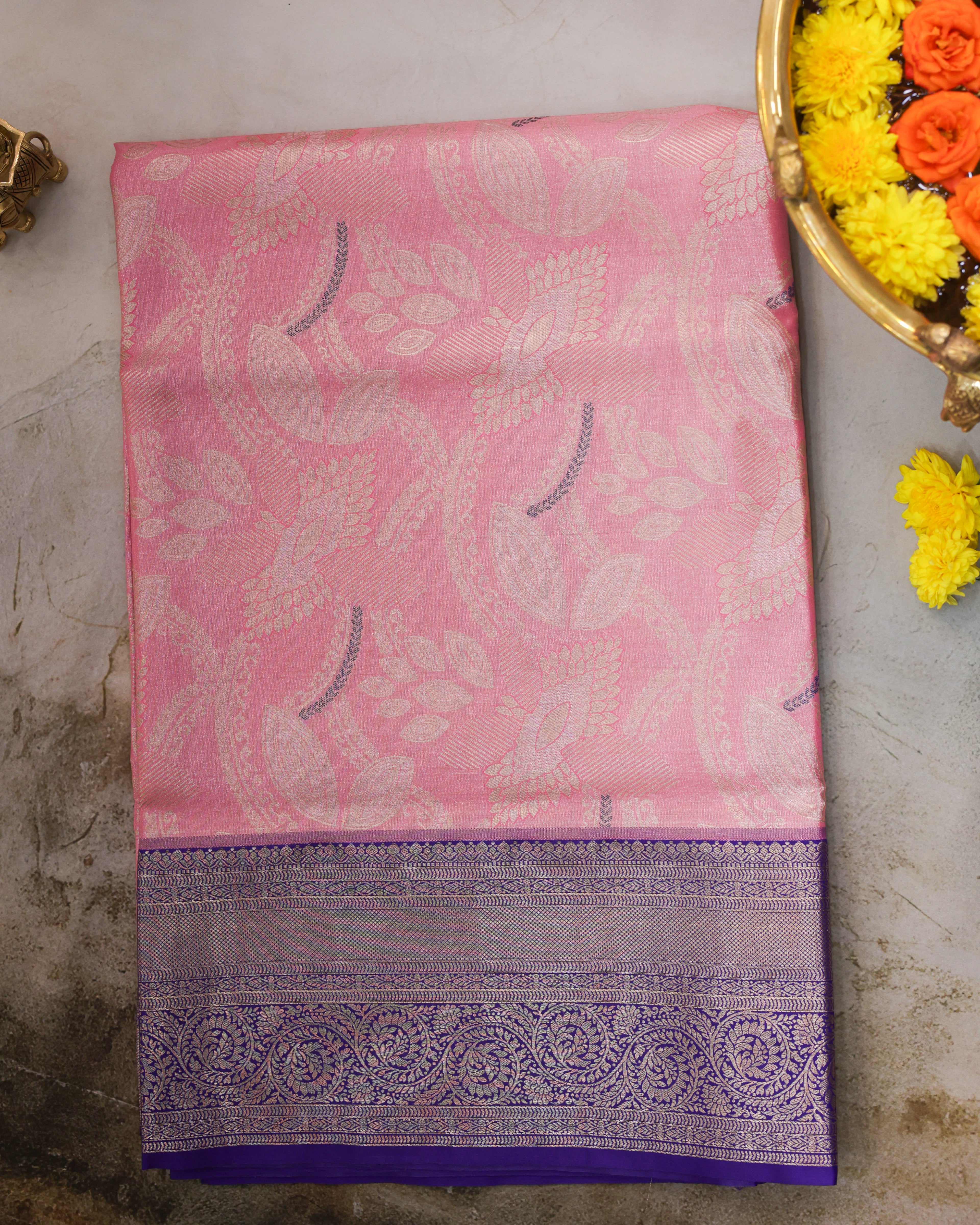 Pink Kanchipuram Tissue Saree with All-Over Golden Zari Design