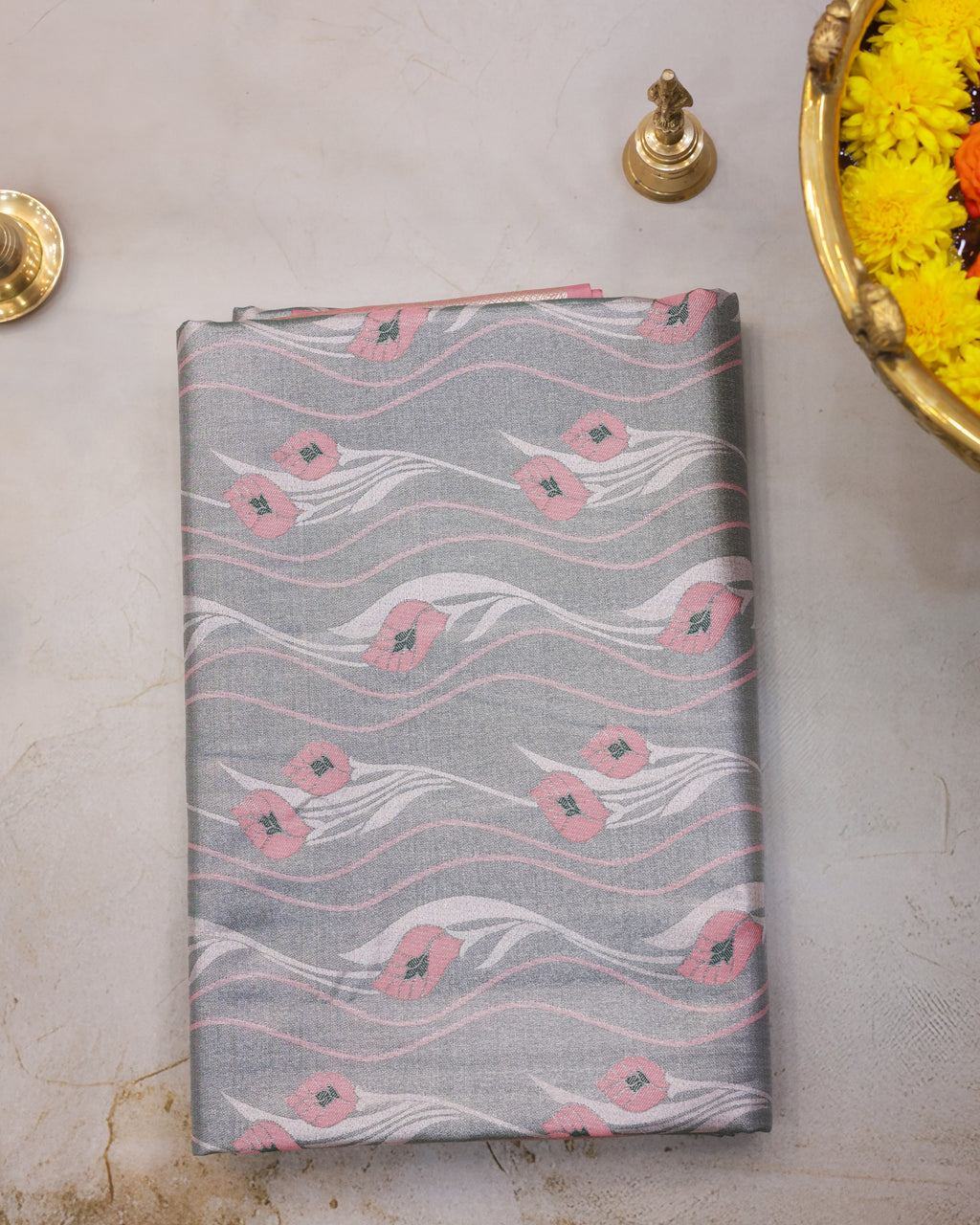 Kanchipuram Tissue Saree with Crepers Design in Green Golden Tones