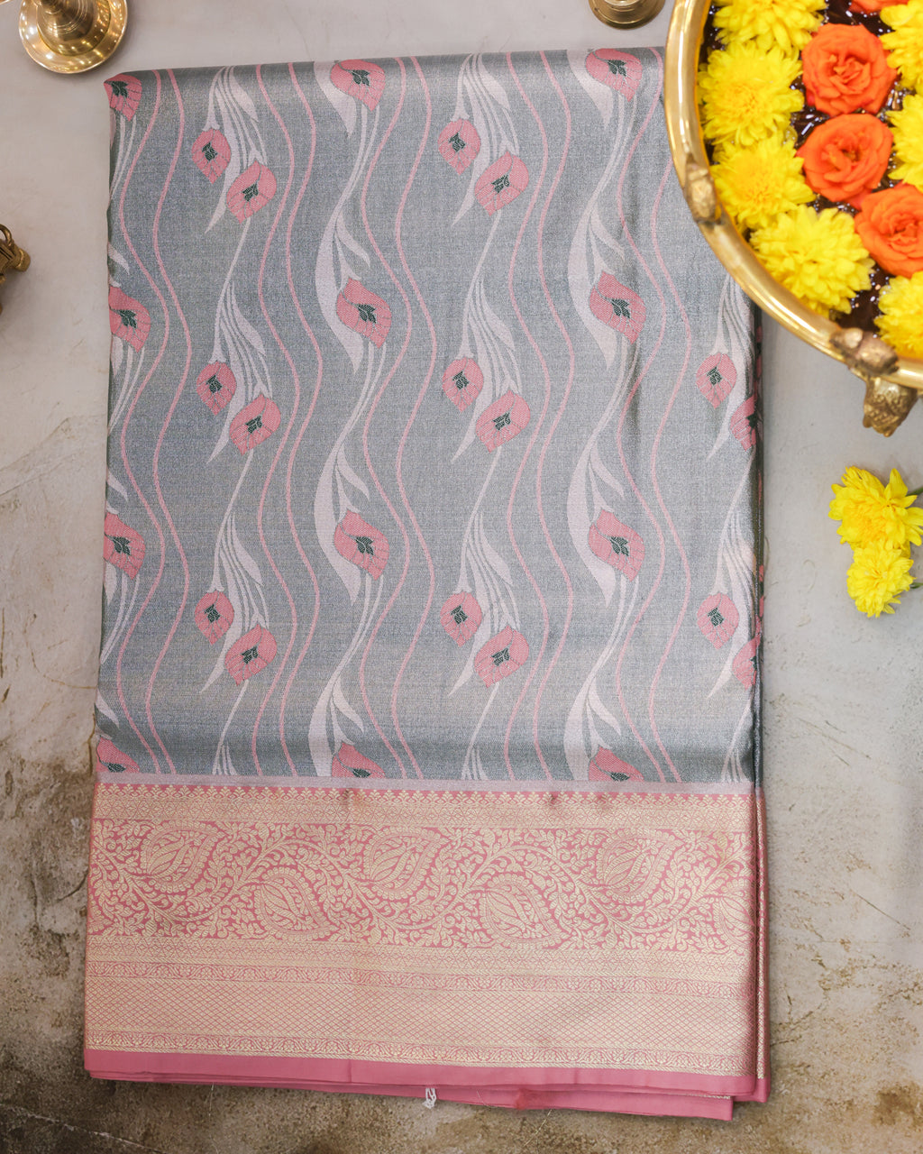 Kanchipuram Tissue Saree with Crepers Design in Green Golden Tones