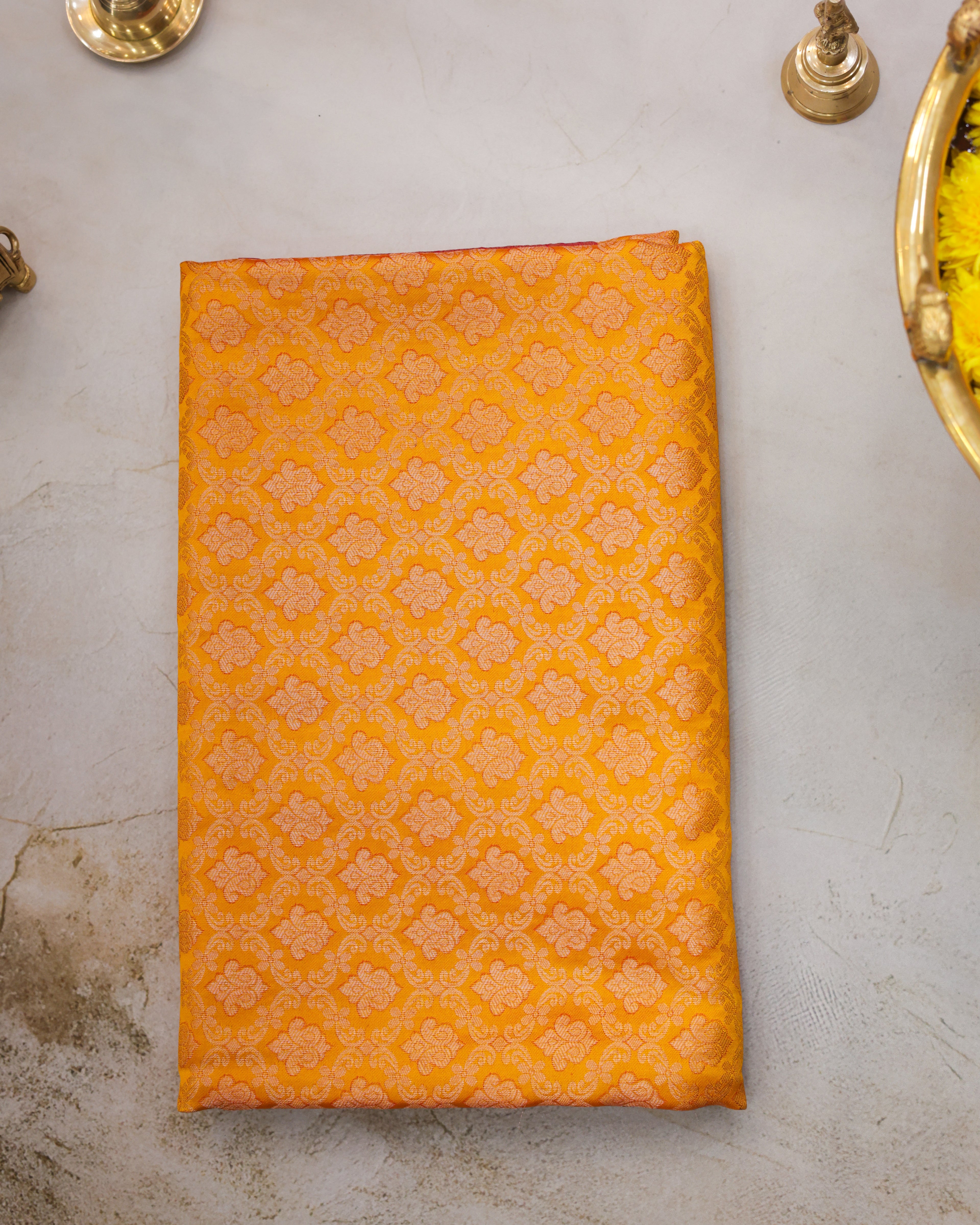 Kanchipuram All Over Bridal Yellow Saree with Copper Zari