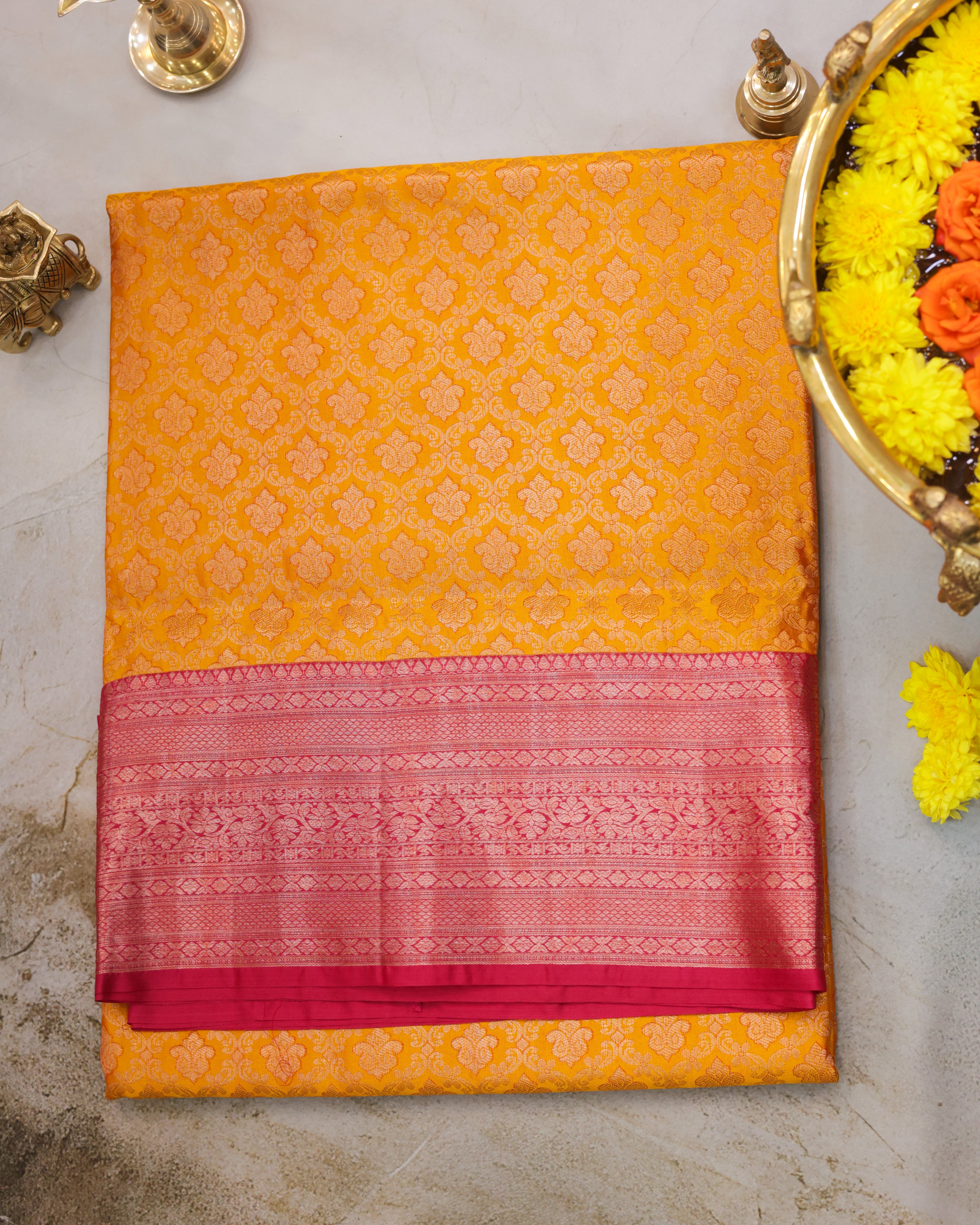 Kanchipuram All Over Bridal Yellow Saree with Copper Zari