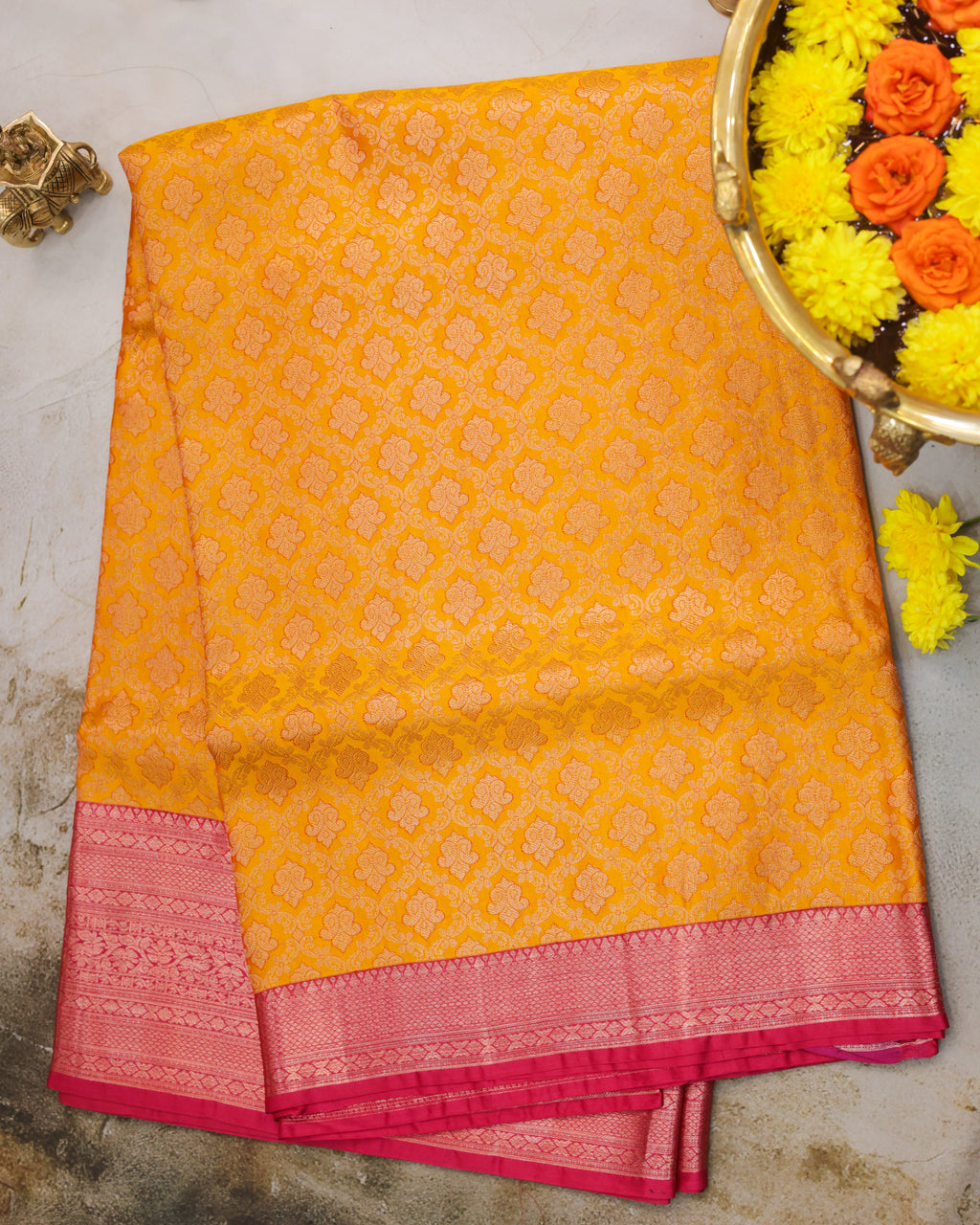 Kanchipuram All Over Bridal Yellow Saree with Copper Zari