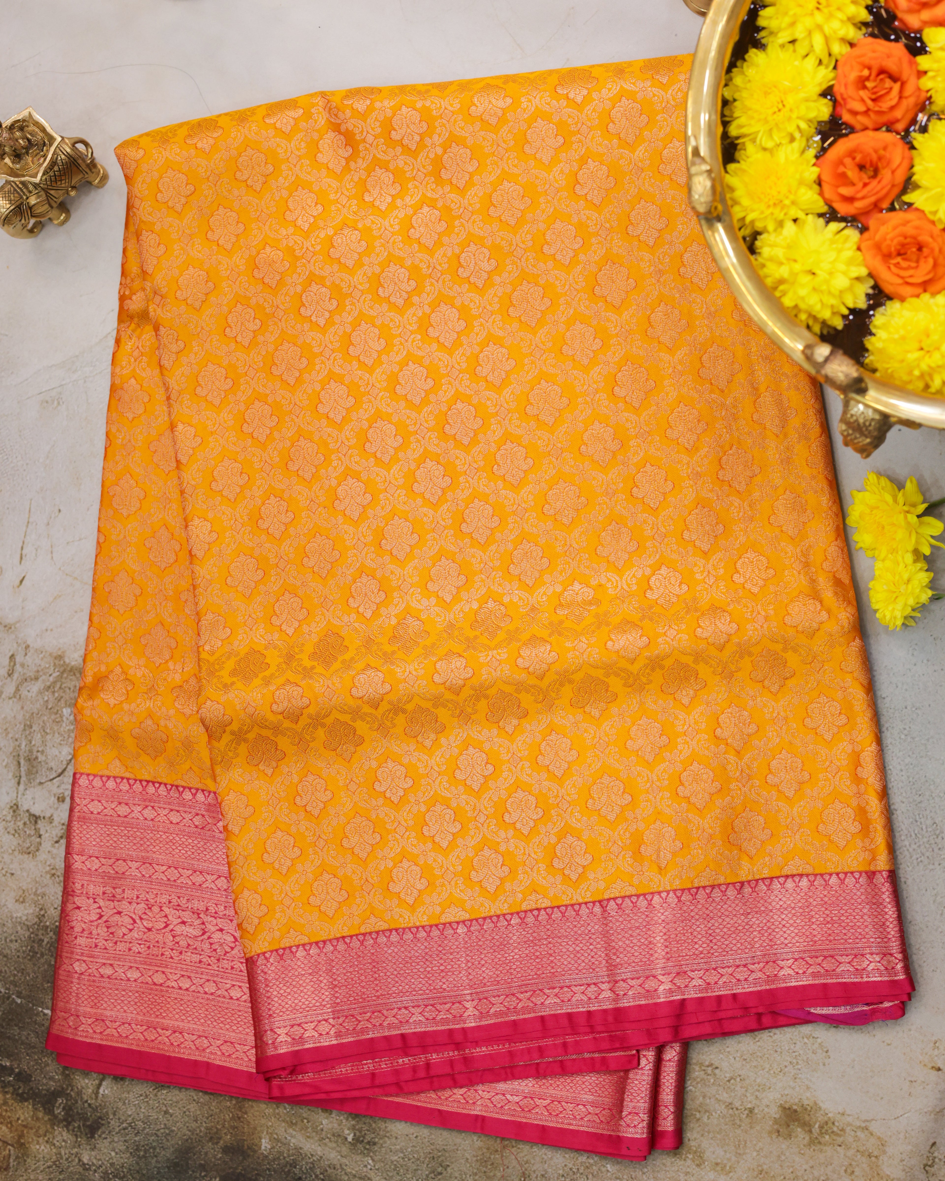 Kanchipuram All Over Bridal Yellow Saree with Copper Zari